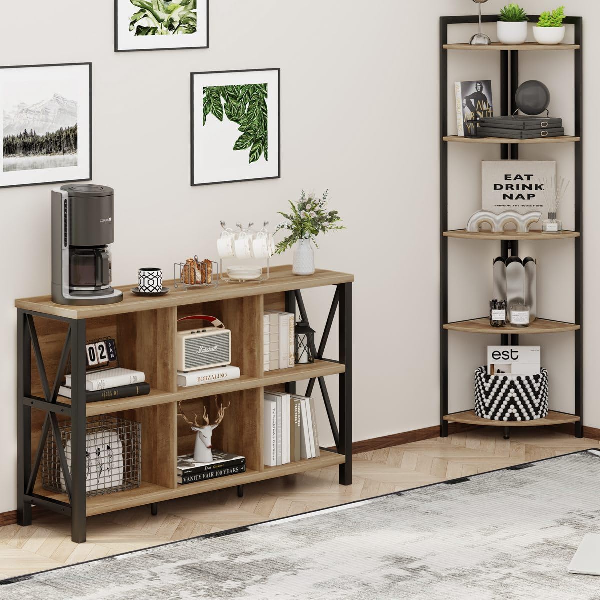 FATORRI 6 Cube Storage Organizer with Shelf, Long Wood and Metal Cubby Bookcase