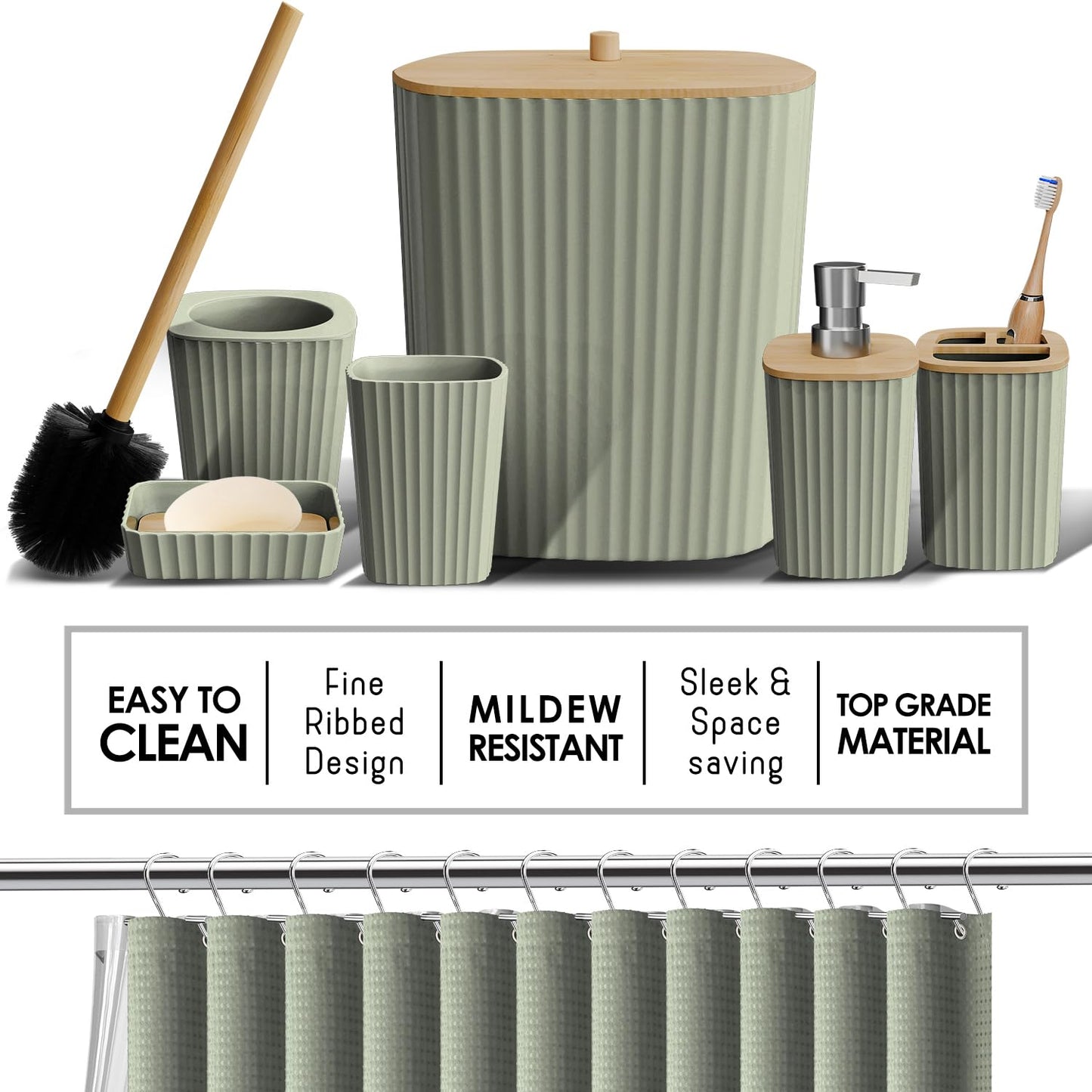Clara Clark Bathroom Accessories Set - Bathroom Set, 20PC Bathroom Accessory Set, Black Shower Curtain Set, Toilet Brush, Trash Can & Soap Dispenser