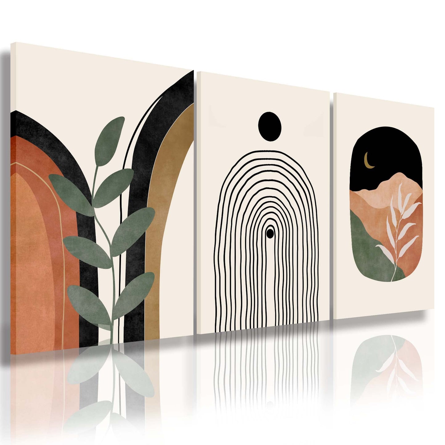 Sage Green Wall Posters & Prints, Green Boho Wall Art Set of 3, Minimalist Framed Wall Art Geometric Line Leaf Sun Moon Beige Green