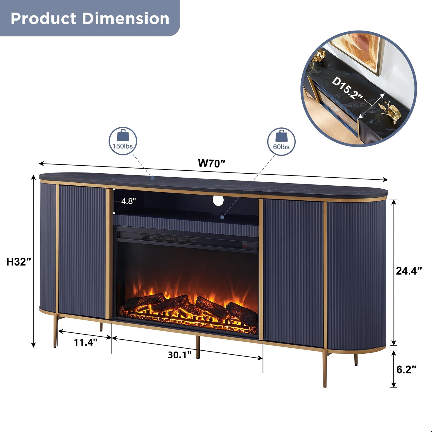 OKD Luxury 70" Fluted TV Stand, Modern Chic Entertainment Center for TVs Up to 80 inches, TV Console with Faux Marble Top, Curved Profile Design, Media Console for Living Room, Navy Blue