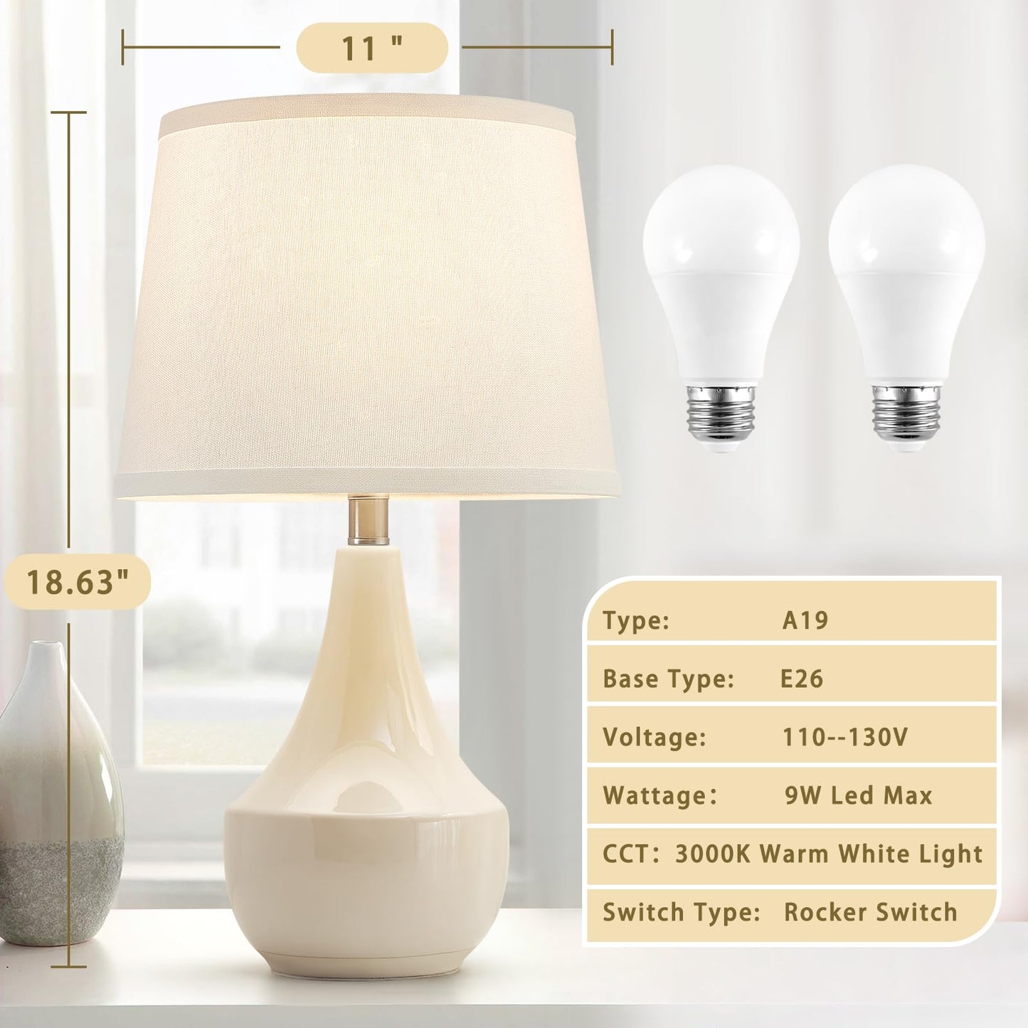 GyroVu Table Lamp Set of 2, 18.63” Ceramic Table Lamp Classic Beside Lamps Nightstand Lamp Modern Lamp for Living Room, Bedroom & Office Rocker Swtich Sage Green-LED Bulbs Included