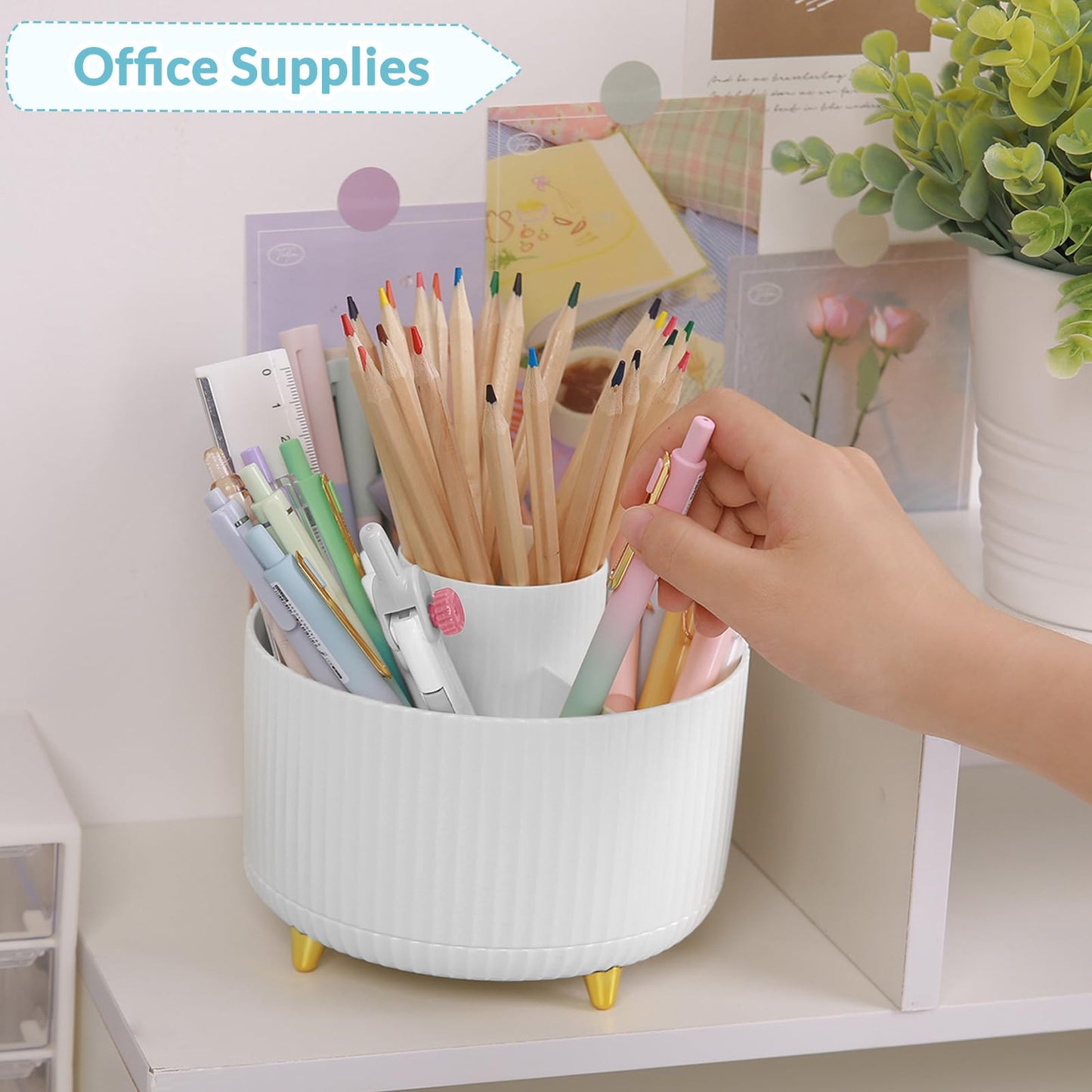 SKYDUE 360 Rotating Plastic Desk Pen Organizer with 5 Slots, Dual-Purpose Art Supply Pencil Cup for Office, School, Home