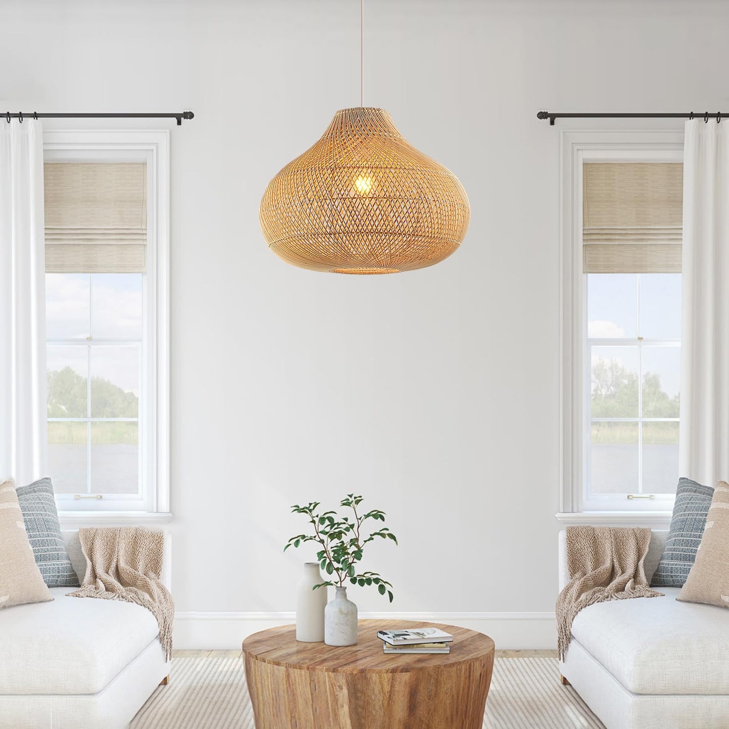 Rattan Pendant Lights, Large Wicker Chandelier Hand-Woven Boho Pendant Light Rattan Basket Hanging Light