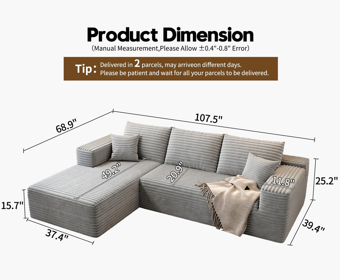 107.5" Cloud Modular Sectional Sofa with 1 Ottoman,Modern Minimalist Upholstered Couches, Comfort U Shaped Sofa for Living Room,Deep Seat Corner Couch,No Assembly Required (Black,Left Facing Chaise)