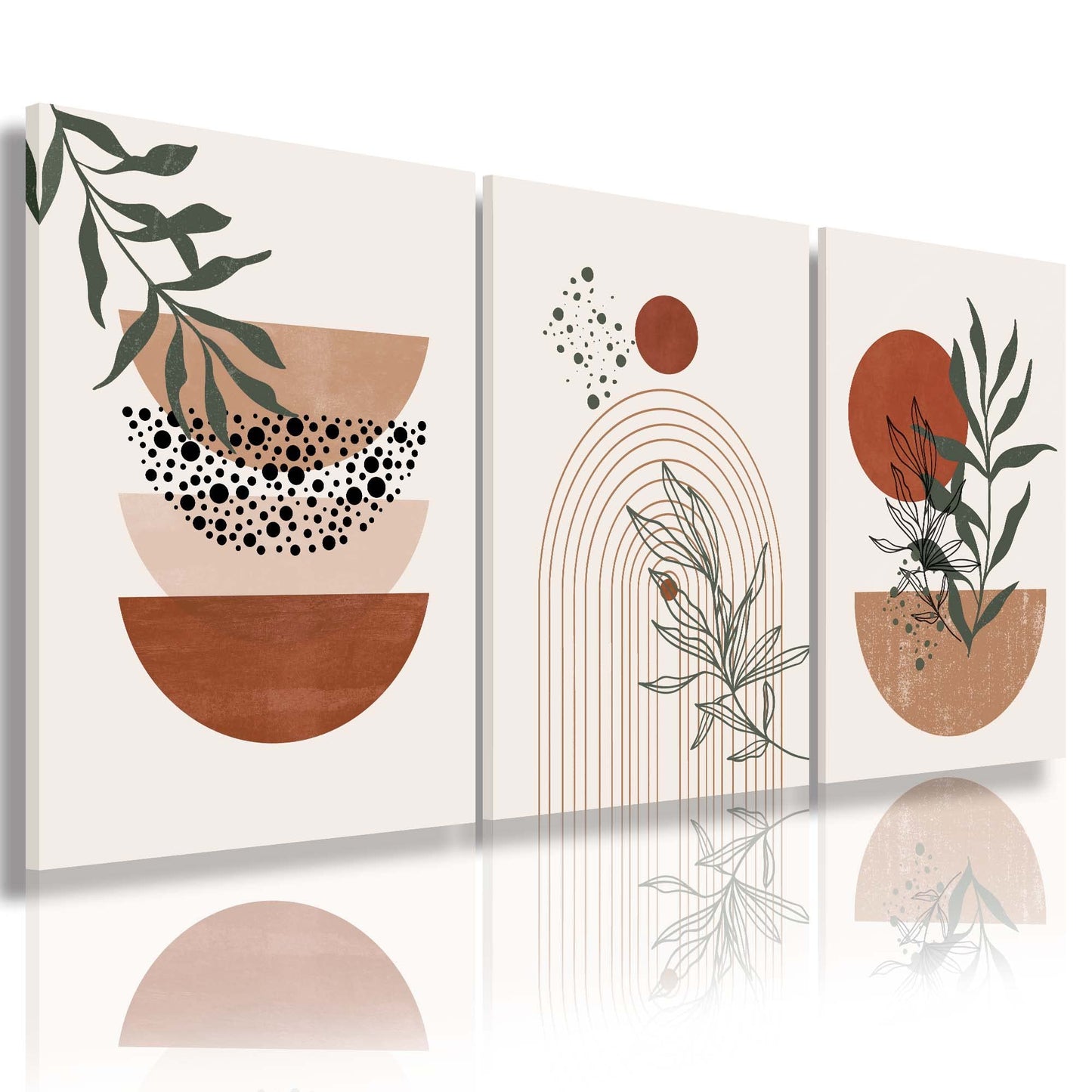 Sage Green Wall Posters & Prints, Green Boho Wall Art Set of 3, Minimalist Framed Wall Art Geometric Line Leaf Sun Moon Beige Green