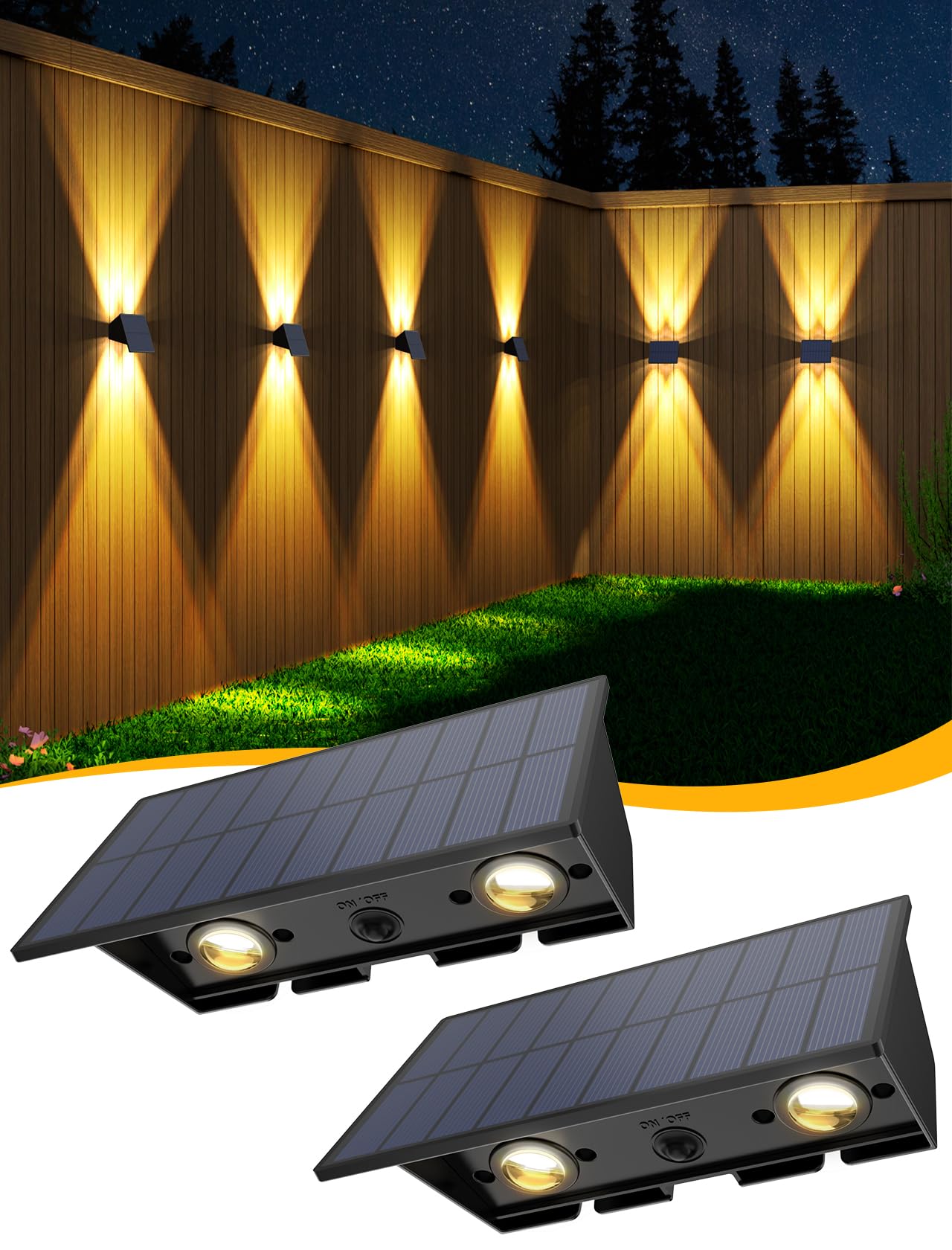 Solar Fence Lights,6Pack Solar Lights Outdoor Warm White + RGB Up & Down Waterproof 100 Lumens Dusk to Dawn Large Solar Wall Lights for Backyard/Pool/Railing/Patio/Porch/Step/Wall