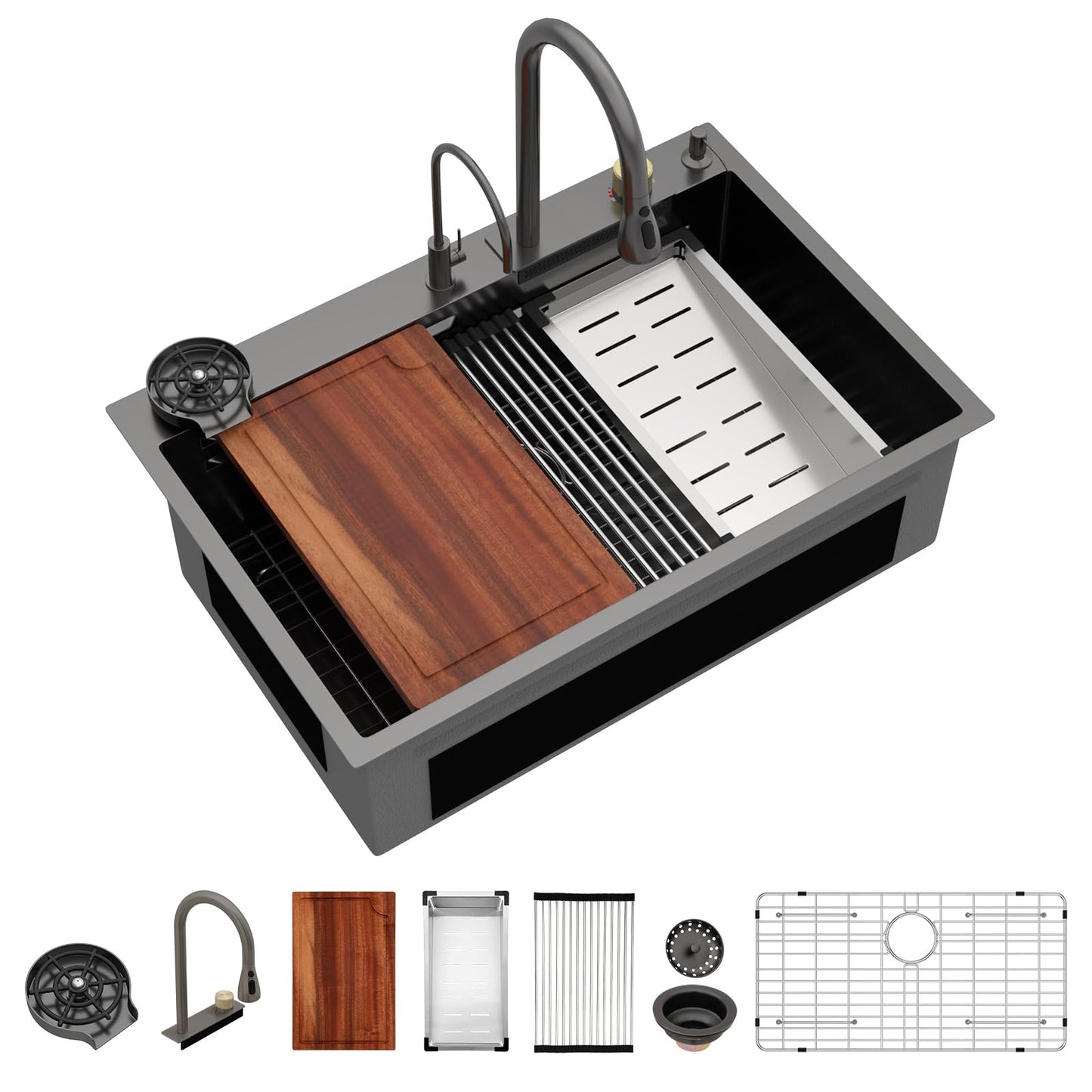 Logmey 33x22 Drop In Kitchen Sink Workstation Black Kitchen Sink SUS304 16 Gauge Stainless Steel Single Bowl Top Mount Gunmetal Black Stainless Steel Sinks