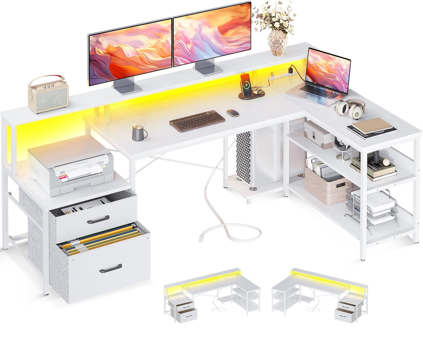 ODK L Shaped Desk with File Drawer, 75" Reversible L Shaped Computer Desk with Power Outlet & LED Strip, Office Desk with Storage Shelves, Gaming Desks with Monitor Shelf, Corner Table, Grey Oak