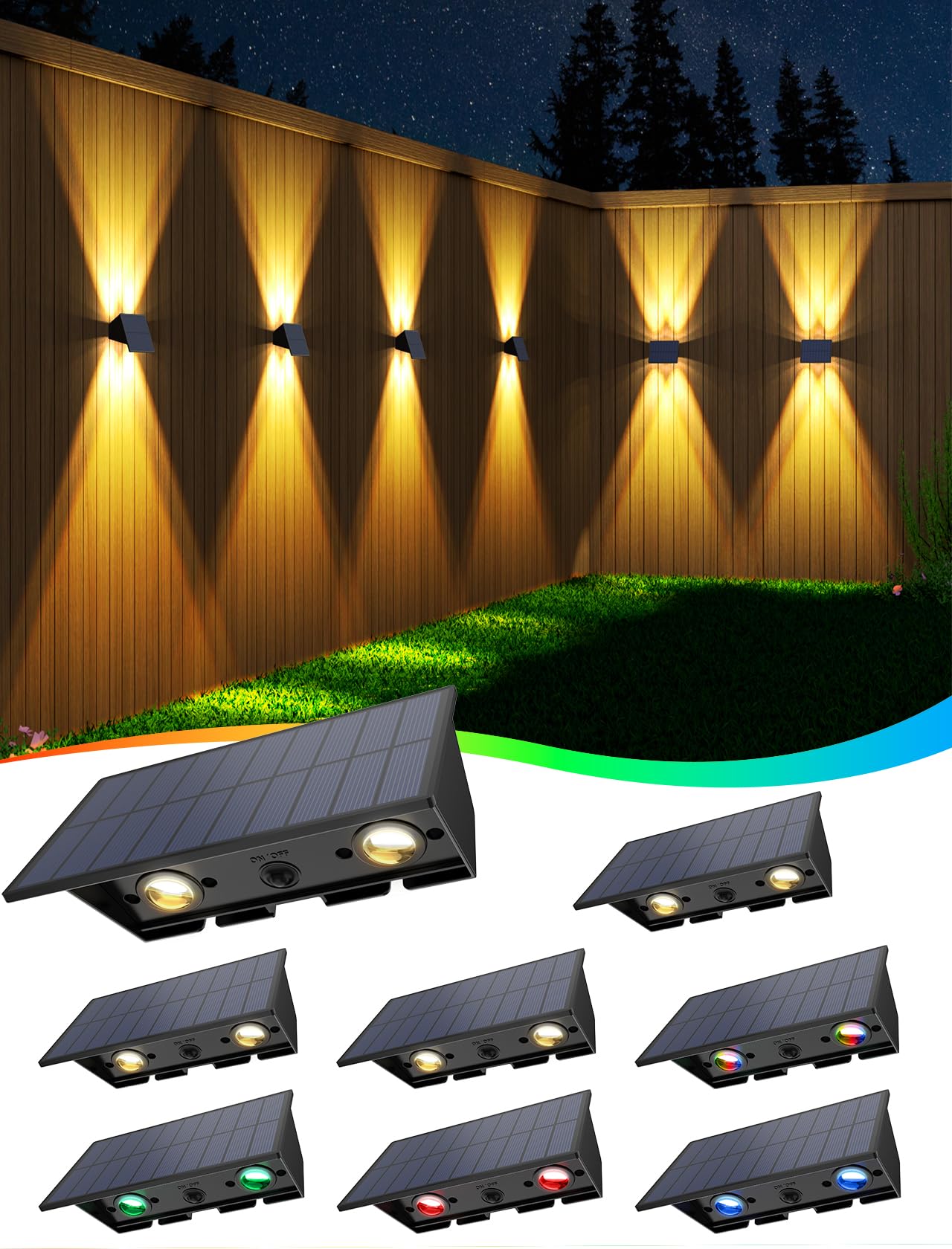 Solar Fence Lights,6Pack Solar Lights Outdoor Warm White + RGB Up & Down Waterproof 100 Lumens Dusk to Dawn Large Solar Wall Lights for Backyard/Pool/Railing/Patio/Porch/Step/Wall