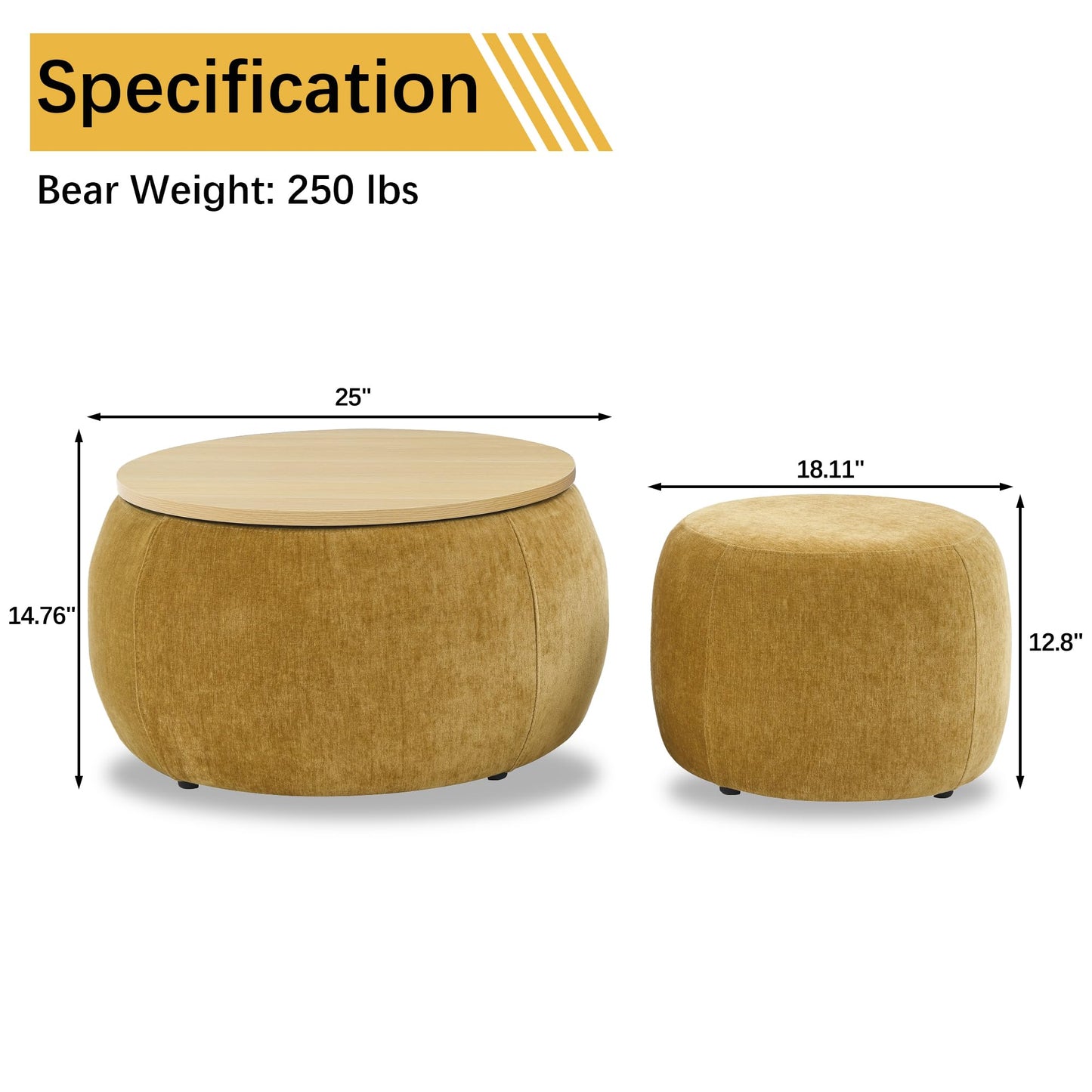 2-Piece Set Round Chenille Storage Ottoman, Equipped with a Drum Shaped Small Stool, Storage Space