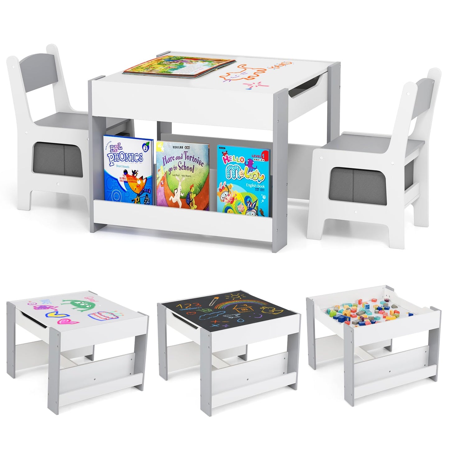 Costzon Kids Table and Chairs, 4 in 1 Wooden Activity Desk Set w/Reversible Tabletop, Bookshelves & Storage Drawers for Drawing, Reading, Crafts, Playing, Toddler Table and Chair Set