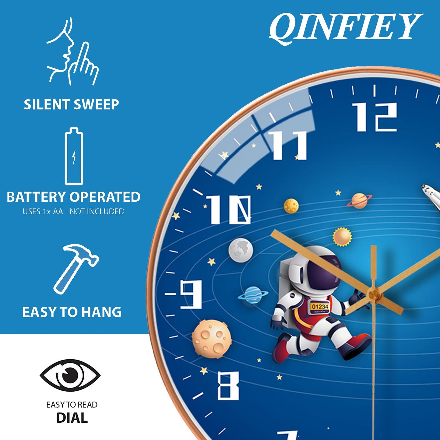 12 Inch Silent Movement Kids Wall Clock, Non Ticking Children Round Wall Clock Battery Operated Space Travel Style Decor Children Clock for School Boys Bedroom Living Room Space Decor (Blue)