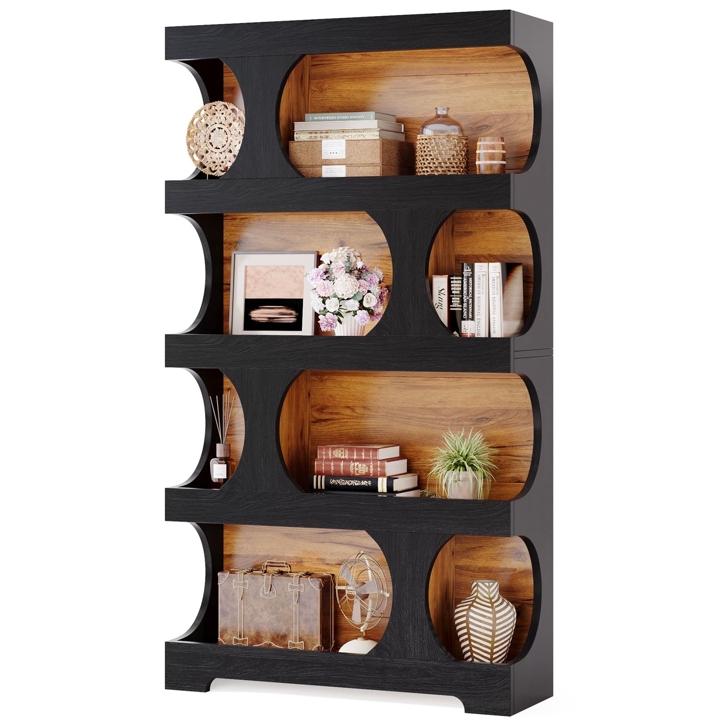 71"Tall Bookcase, 4-Tier S-Shaped Bookshelf, Wood Decorative Storage Shelving, Modern Freestanding Display Shelves