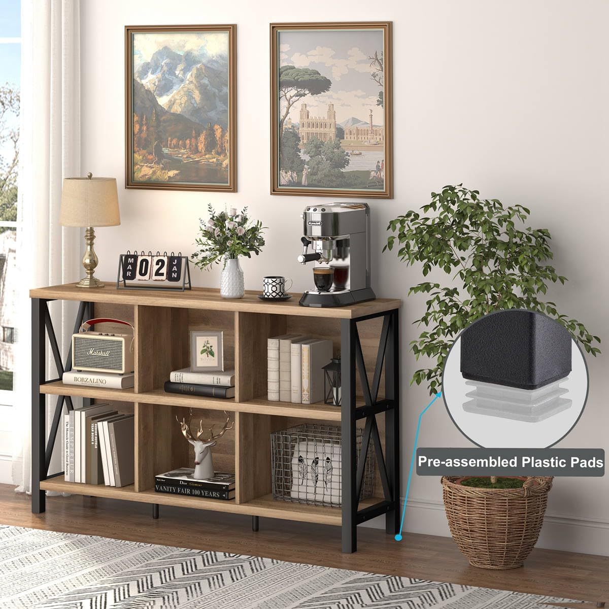 FATORRI 6 Cube Storage Organizer with Shelf, Long Wood and Metal Cubby Bookcase