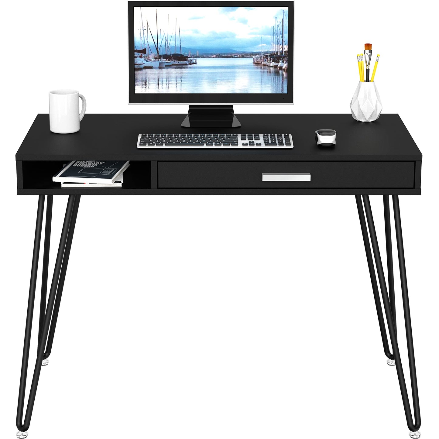 SHW Home Office Computer Hairpin Leg Desk with Drawer, Rustic Brown
