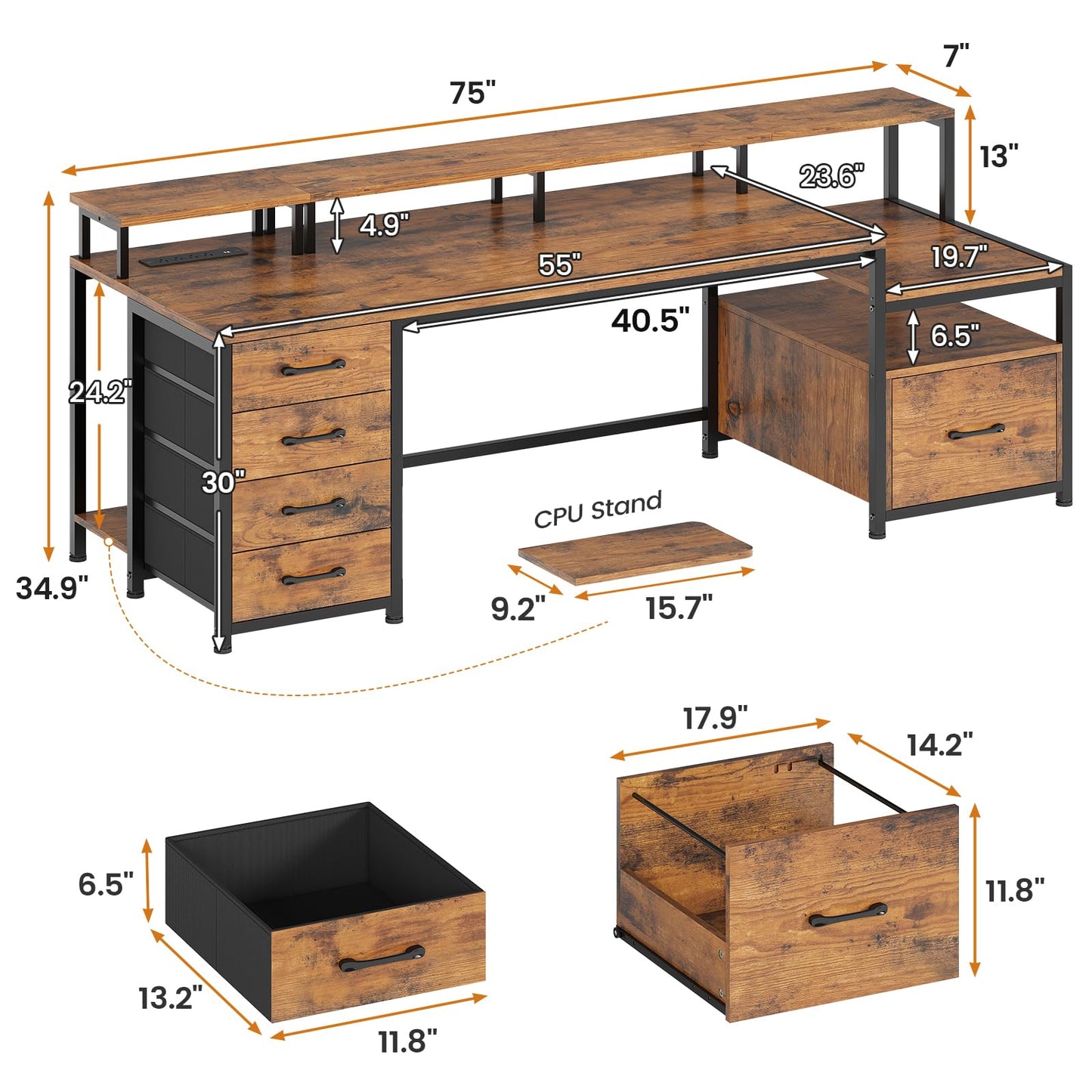 SEDETA Home Office Desk with File Drawer & Power Outlet, 66'' Computer Desk with 5 Drawer, Storage Shelves, Printer Cabinet and Monitor Shelf, Gaming Desk with Led Lights, Rustic Brown