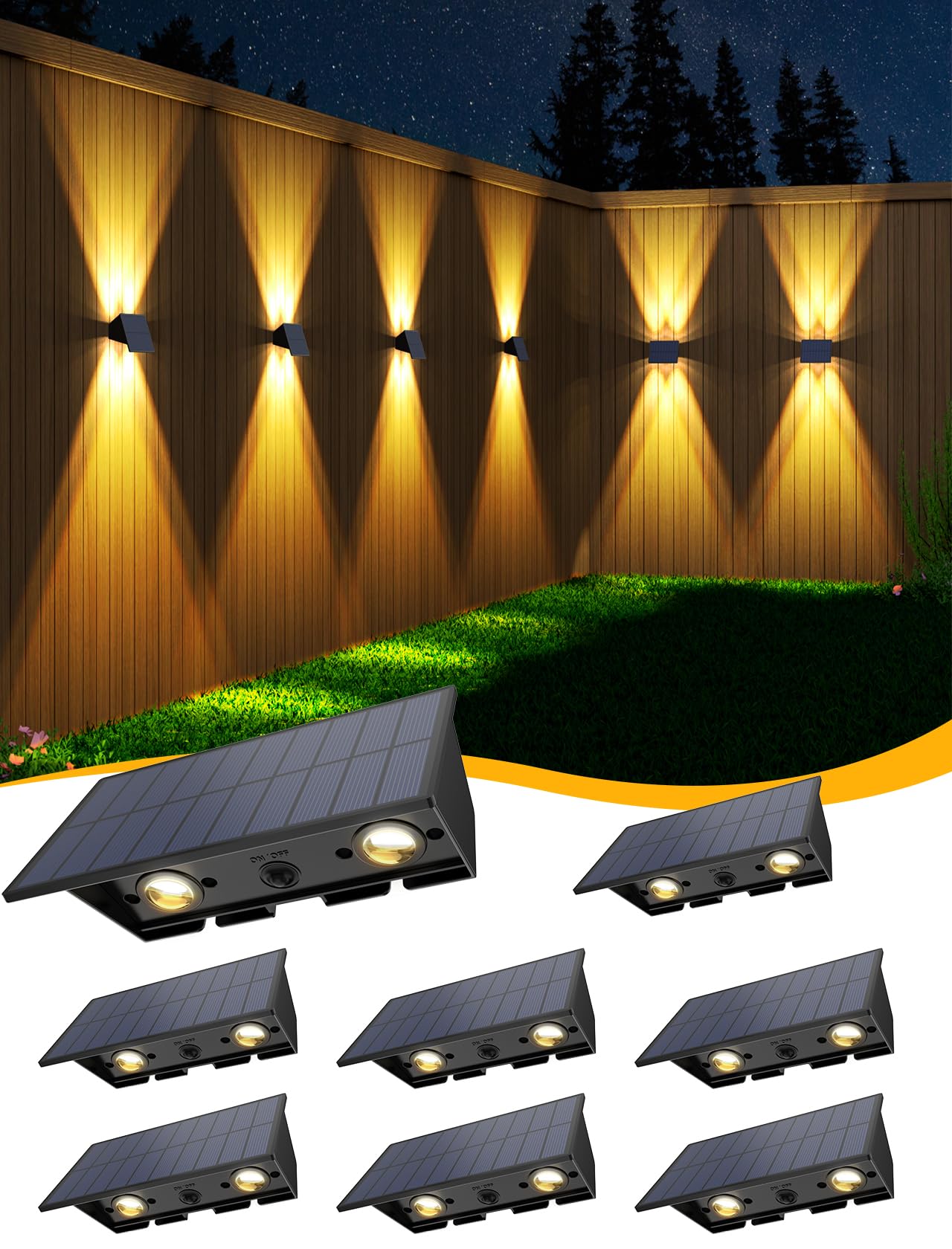 Solar Fence Lights,6Pack Solar Lights Outdoor Warm White + RGB Up & Down Waterproof 100 Lumens Dusk to Dawn Large Solar Wall Lights for Backyard/Pool/Railing/Patio/Porch/Step/Wall