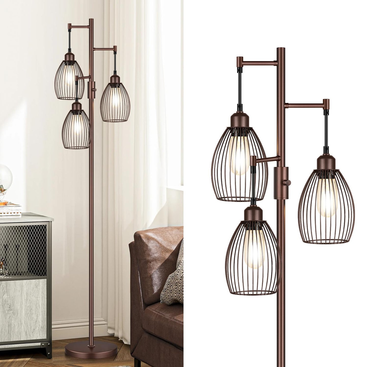 Dimmable Industrial Floor Lamps for Living Room, Gold Tree Standing Tall Lamps with 3 Elegant Teardrop Cage Head & 800 Lumens LED Bulbs