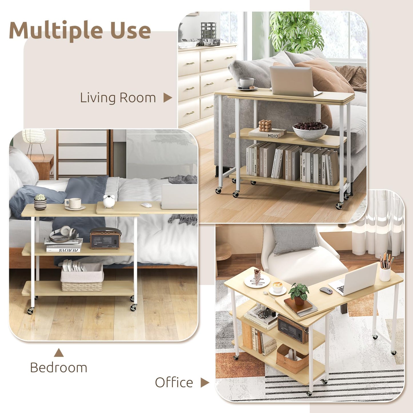Tangkula 360° Rotating Sofa Side Table, Patented Mobile End Table with 2-Tier Storage Shelves, Swivel Rolling Desk with 6 Lockable Casters
