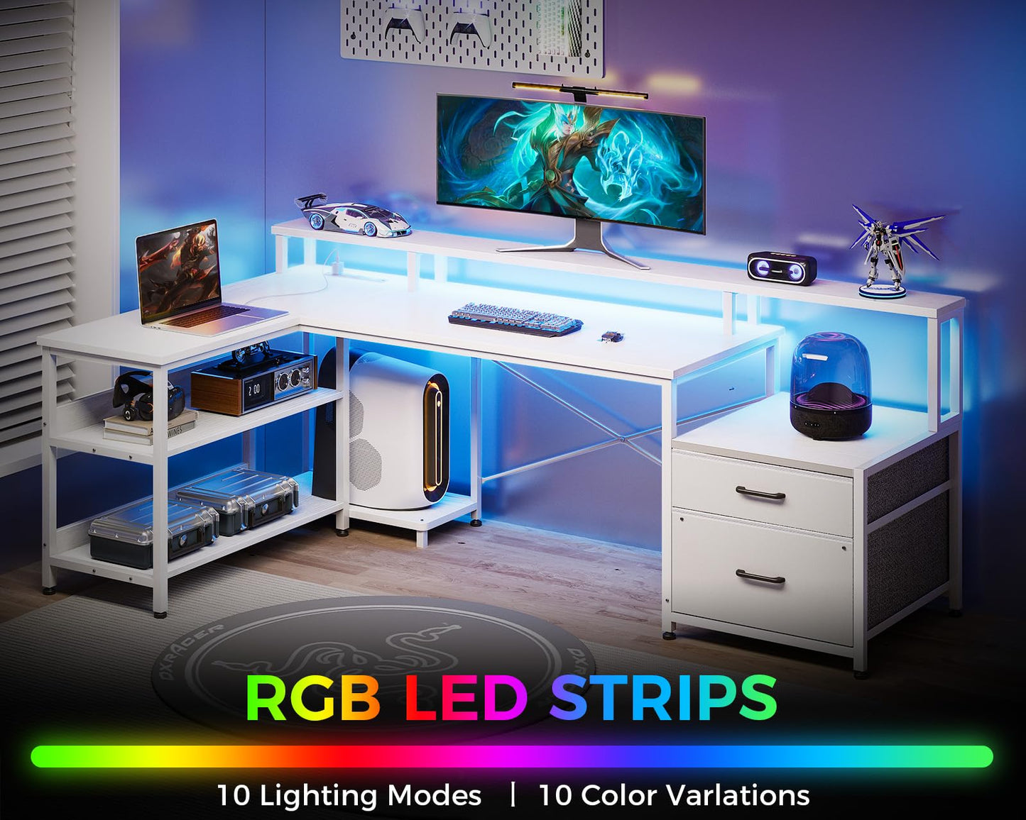 ODK L Shaped Desk with File Drawer, 75" Reversible L Shaped Computer Desk with Power Outlet & LED Strip, Office Desk with Storage Shelves, Gaming Desks with Monitor Shelf, Corner Table, Grey Oak