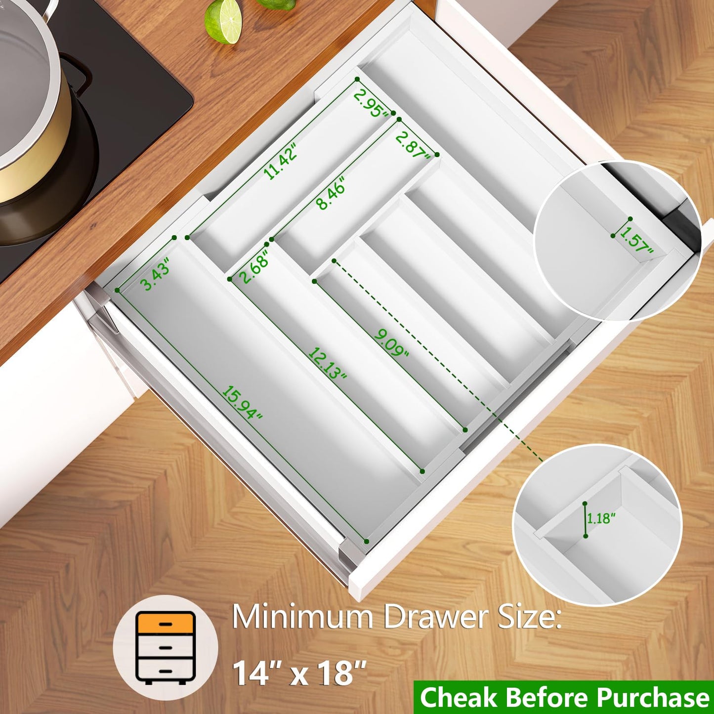 Pipishell Bamboo Expandable Drawer Organizer for Utensils Holder, Adjustable Cutlery Tray, Wood Drawer Dividers Organizer for Silverware, Flatware, Knives in Kitchen, Bedroom, Living Room