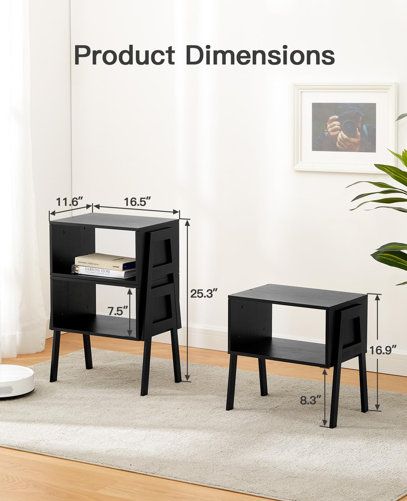 Pipishell Bamboo Stackable End Tables, Living Room Nightstand, Bedside Tables for Bedroom Storage, Set of 2