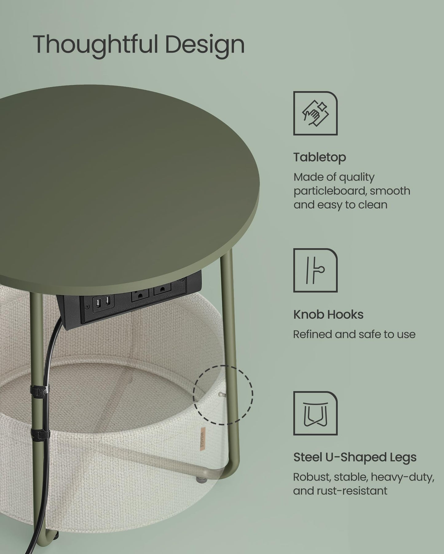 VASAGLE Side Table with Charging Station, Round End Table With Fabric Basket, Nightstand with Power Outlets USB Ports, for Living Room, Bedroom, Modern, Ebony Black and Slate Gray ULET228B01