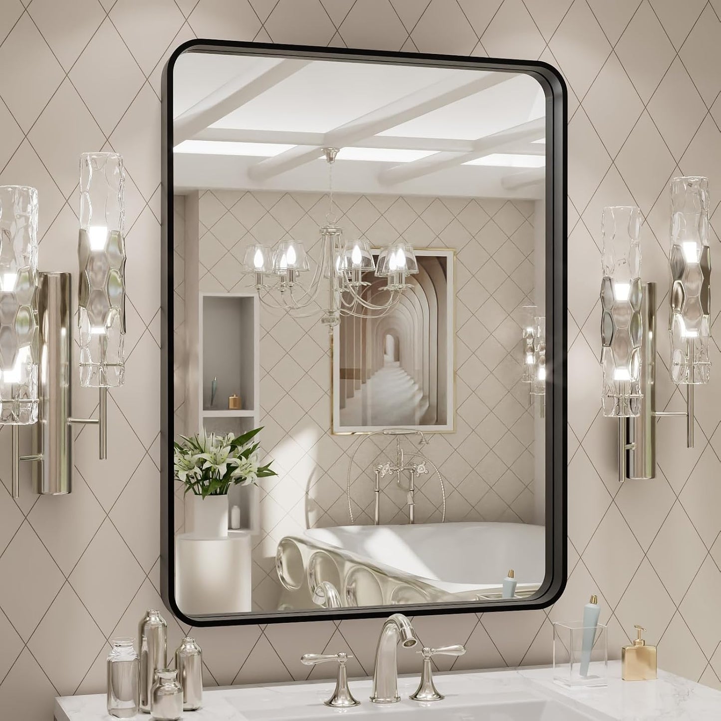 LOAAO Black Metal Framed Bathroom Mirror for Wall, 24X36 Inch Rounded Rectangle Mirror, Matte Black Bathroom Vanity Mirror Farmhouse, Anti-Rust, Hangs Horizontally or Vertically