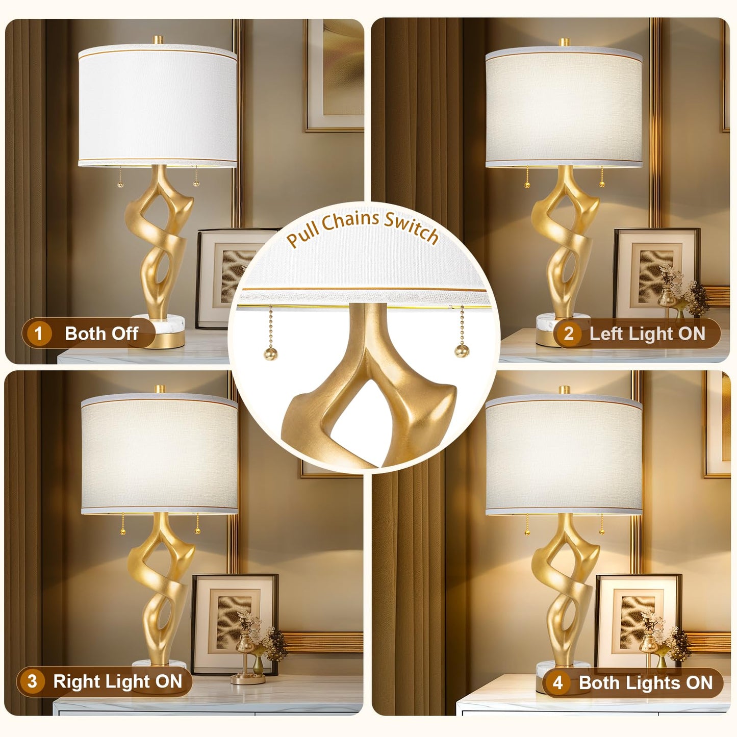 Scenekoy Sculptural Table Lamp Set of 2 for Bedroom, 26” Farmhouse Bedside Lamps for Living Room, Rustic Linen Shade Night Stand Lamp Marble Base with USB Ports for Home Decor (E26 Bulbs Included)