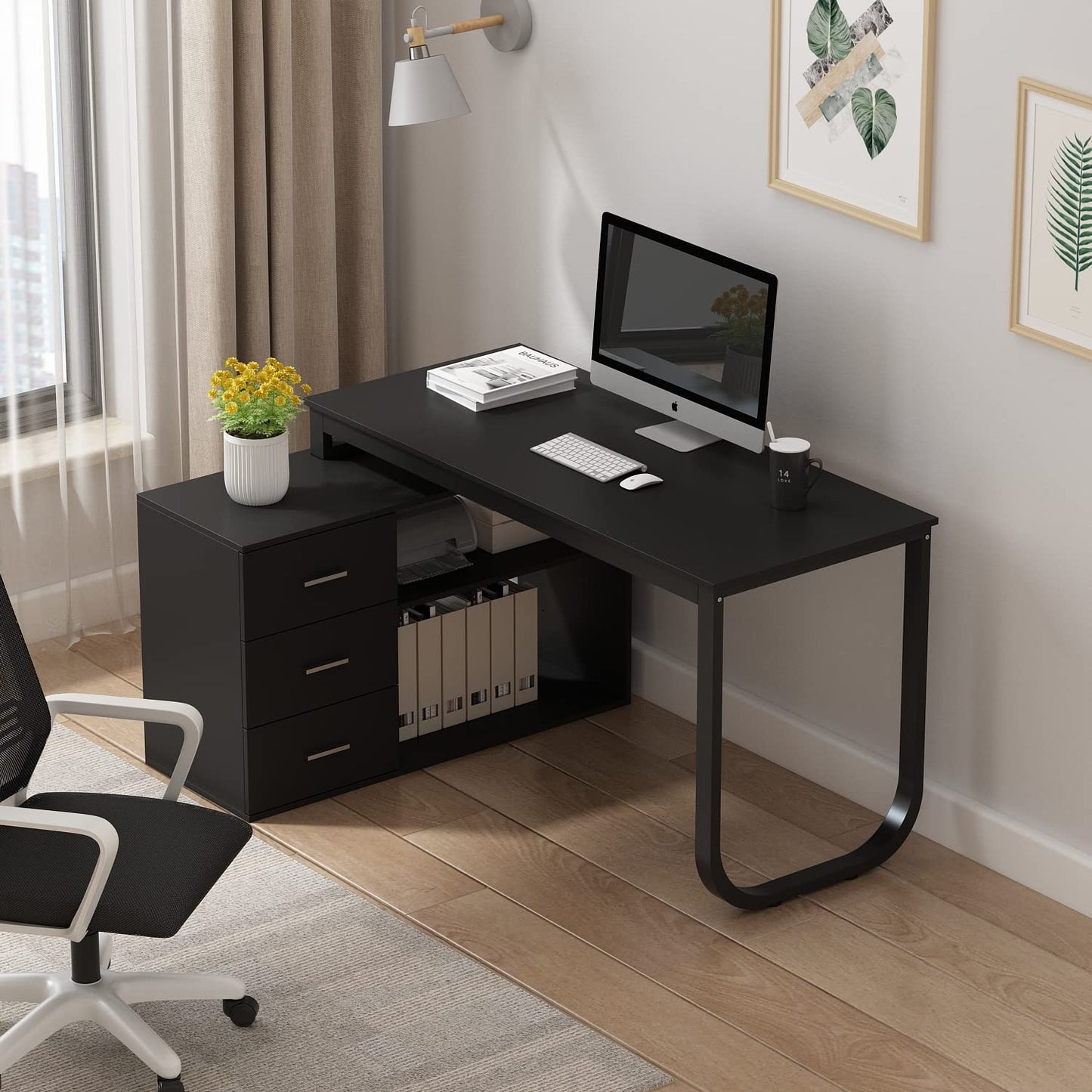 Homsee Home Office Computer Desk Corner Desk with 3 Drawers, 2 Shelves & 2 Doors, 55 Inch Large L-Shaped Study Writing Table with Storage Cabinet, Black & Brown