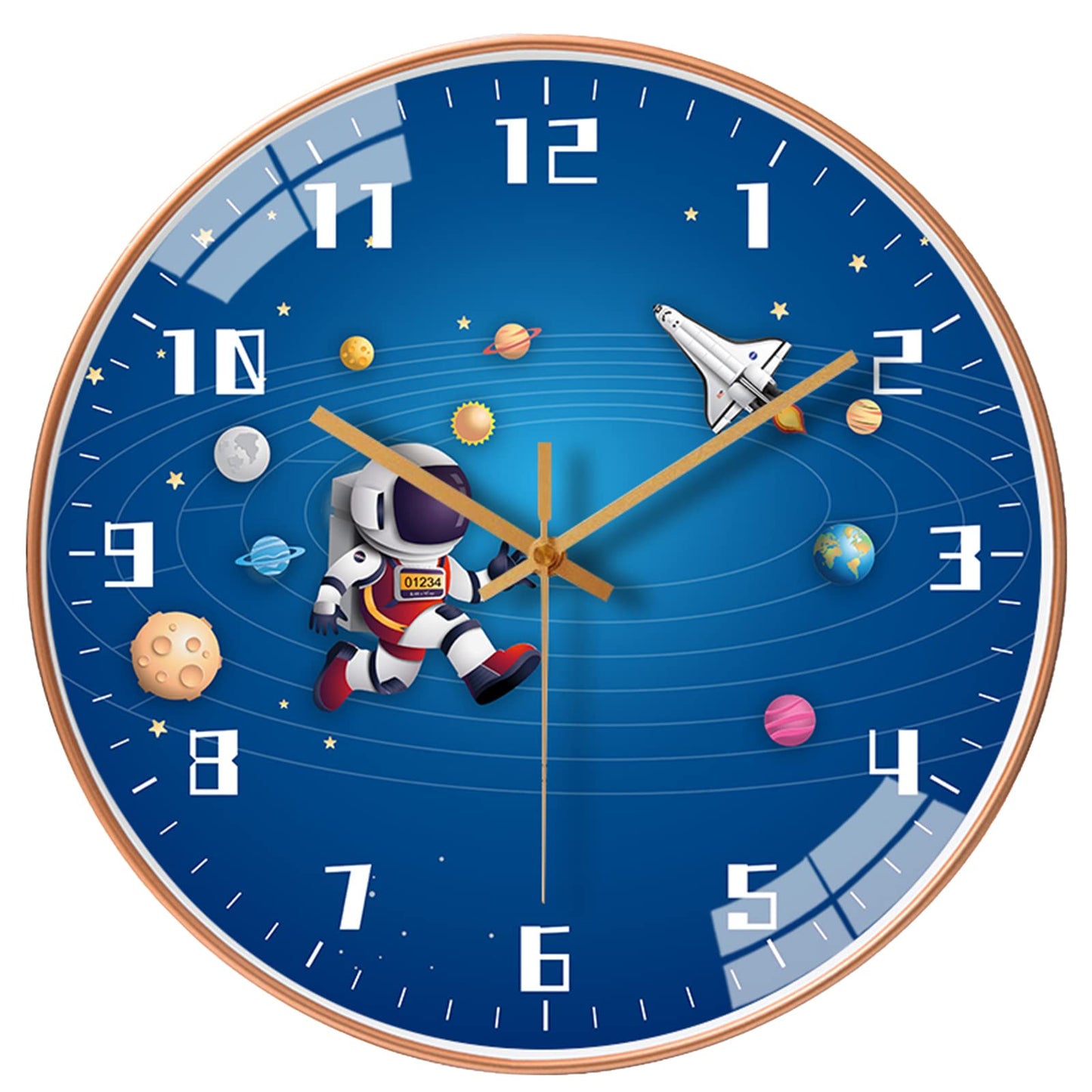 12 Inch Silent Movement Kids Wall Clock, Non Ticking Children Round Wall Clock Battery Operated Space Travel Style Decor Children Clock for School Boys Bedroom Living Room Space Decor (Blue)