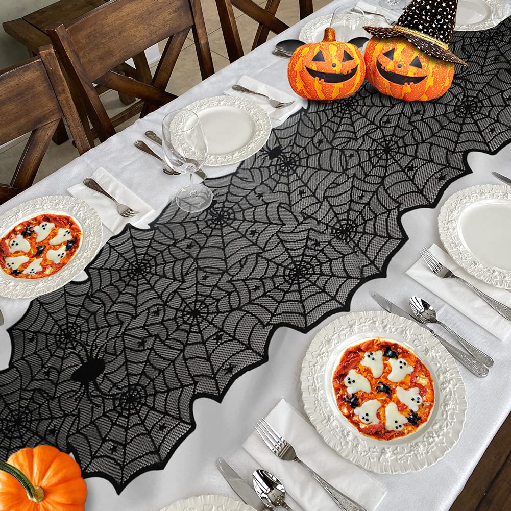 Halloween Table Cloth, Black Spider Web Lace Tablecloth for Rectangle Tables, Gothic Halloween Decor for Masquerade, Scary Movie Nights, Dinner Party Table Decorations 60 x 71 inch