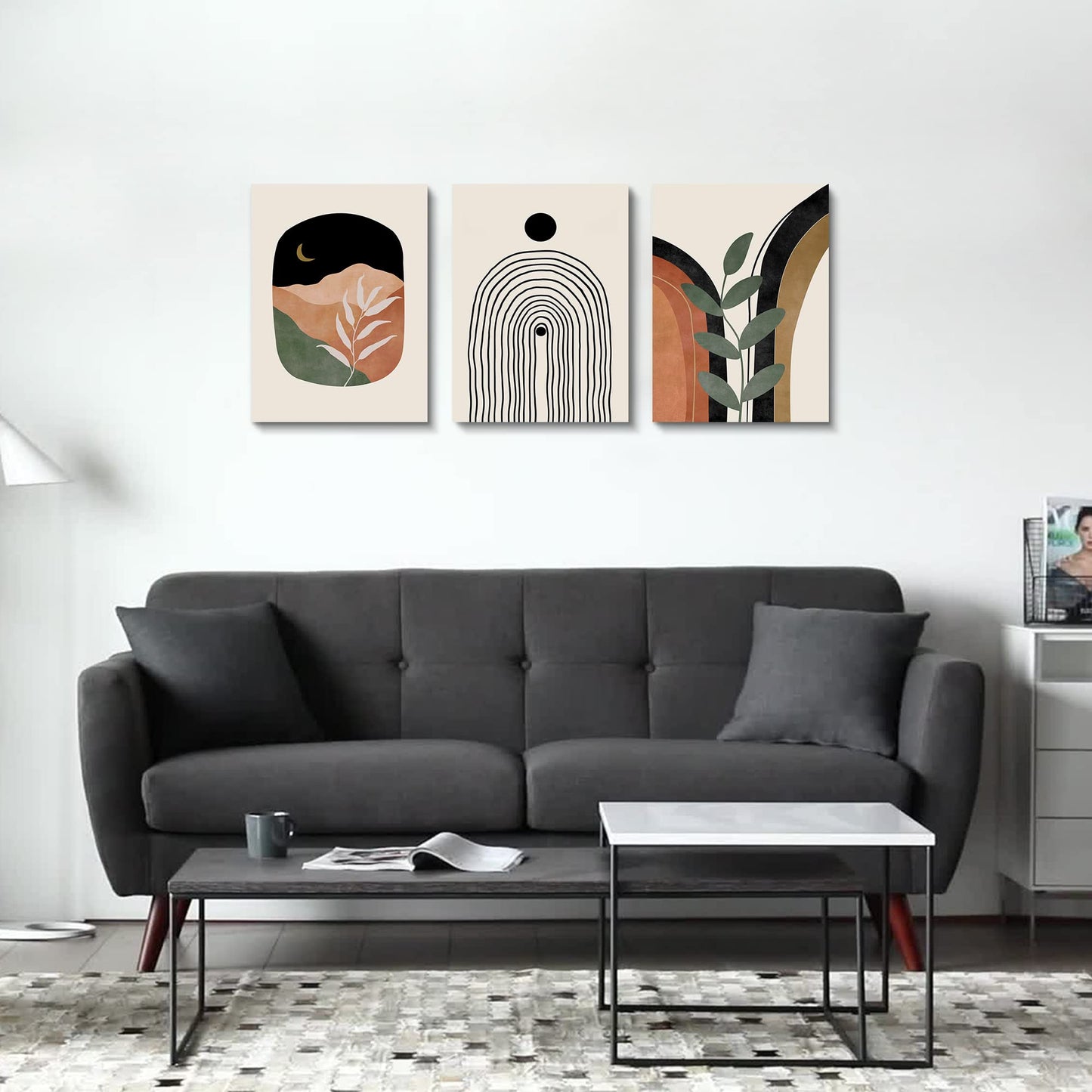 Sage Green Wall Posters & Prints, Green Boho Wall Art Set of 3, Minimalist Framed Wall Art Geometric Line Leaf Sun Moon Beige Green