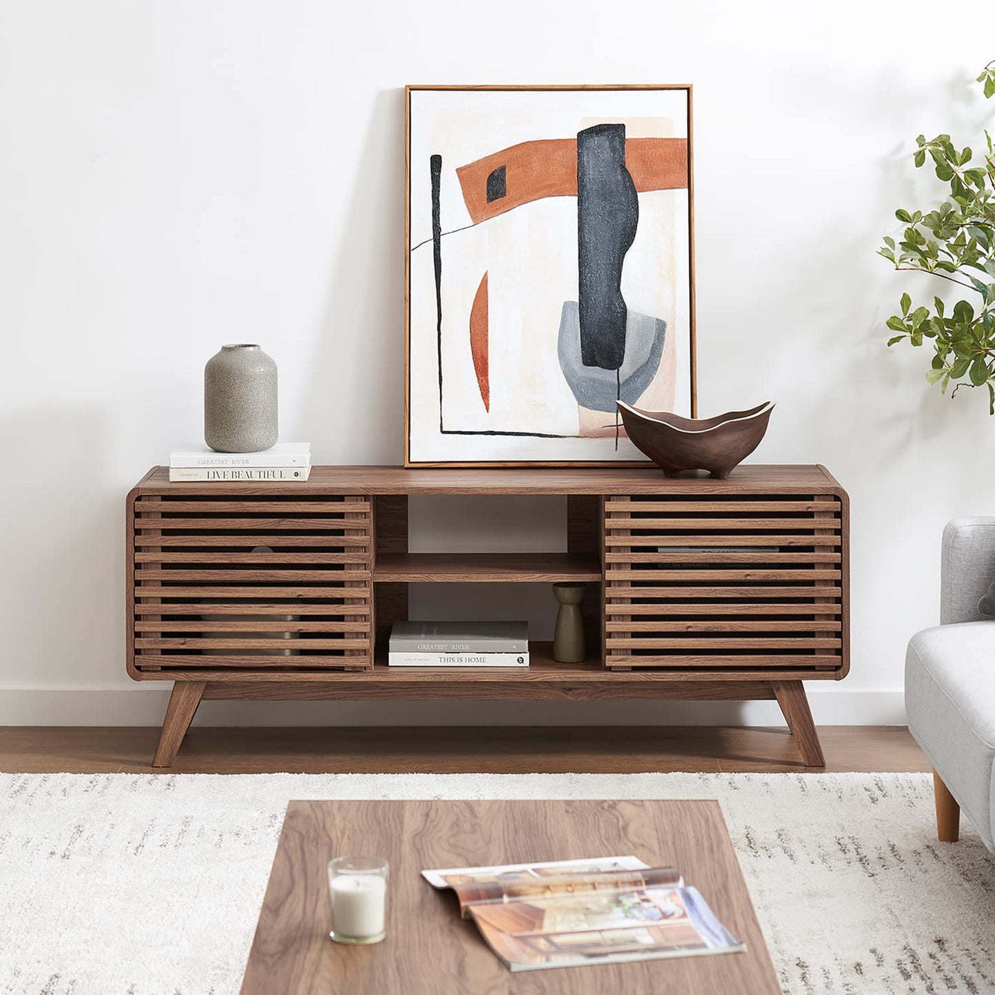 mopio Ensley TV Stand, Mid Century Modern for 55/60/65 inch TV, Farmhouse TV Stand, Entertainment Center (Walnut, 59" Tall)