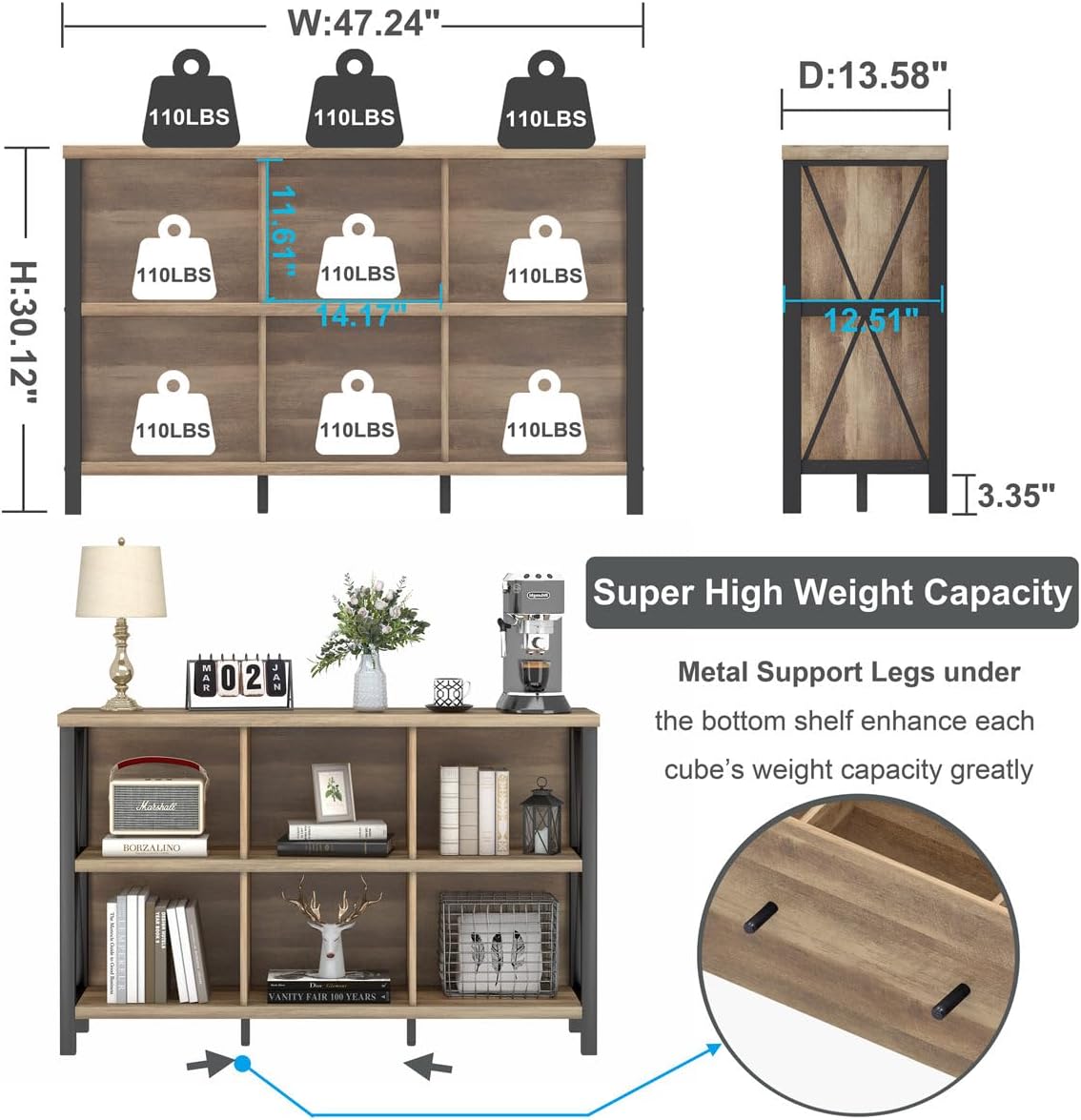 FATORRI 6 Cube Storage Organizer with Shelf, Long Wood and Metal Cubby Bookcase