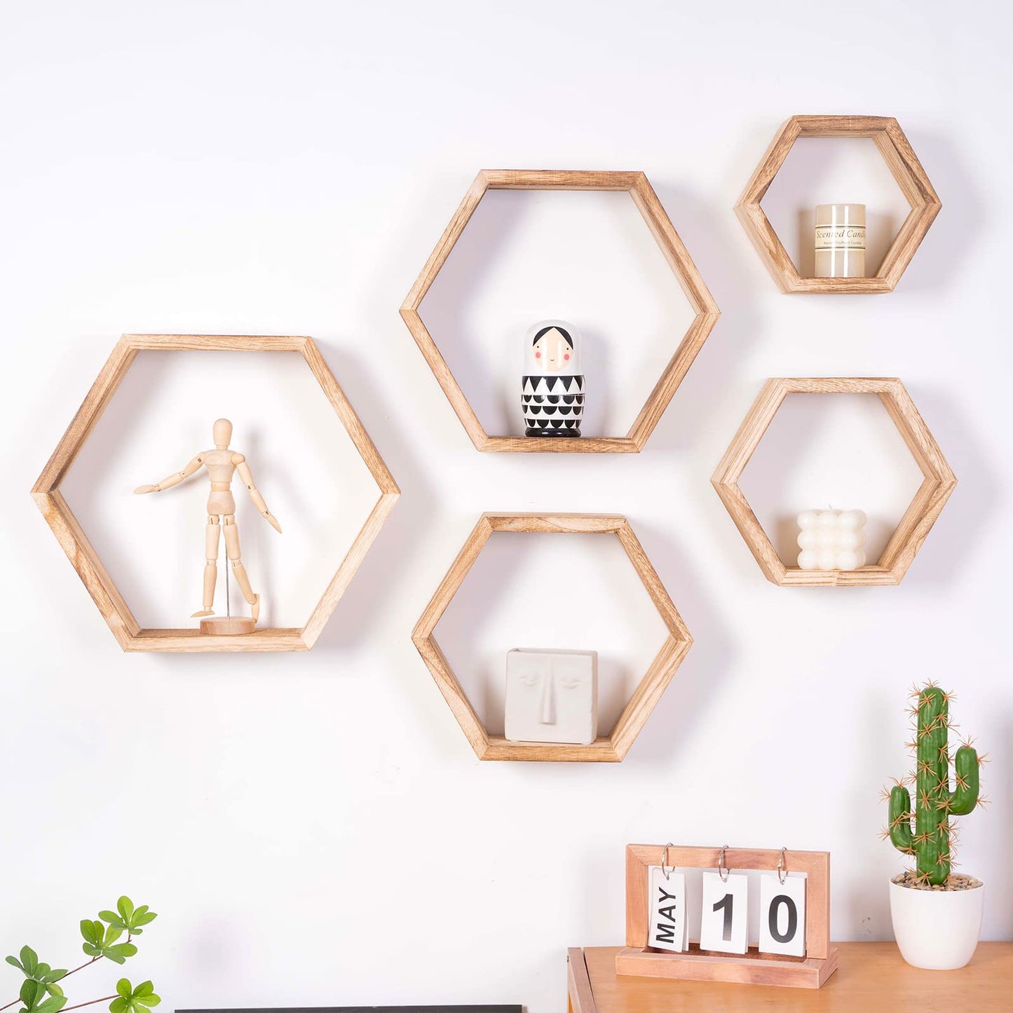WONFUlity Hexagon Floating Shelves Honeycomb Shelves Wall Mounted Wood Farmhouse Storage Wall Shelf for Bathroom, Kitchen, Bedroom, Living Room,Driftwood Finish Decor, Black
