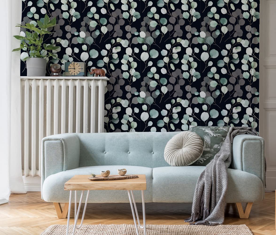 HAOKHOME Peel and Stick Wallpaper Boho Green/White Eucalyptus Leaf Floral Wall Mural Home Nursery Decor Renter Friendly Wallpaper 17.3in x 9.8ft