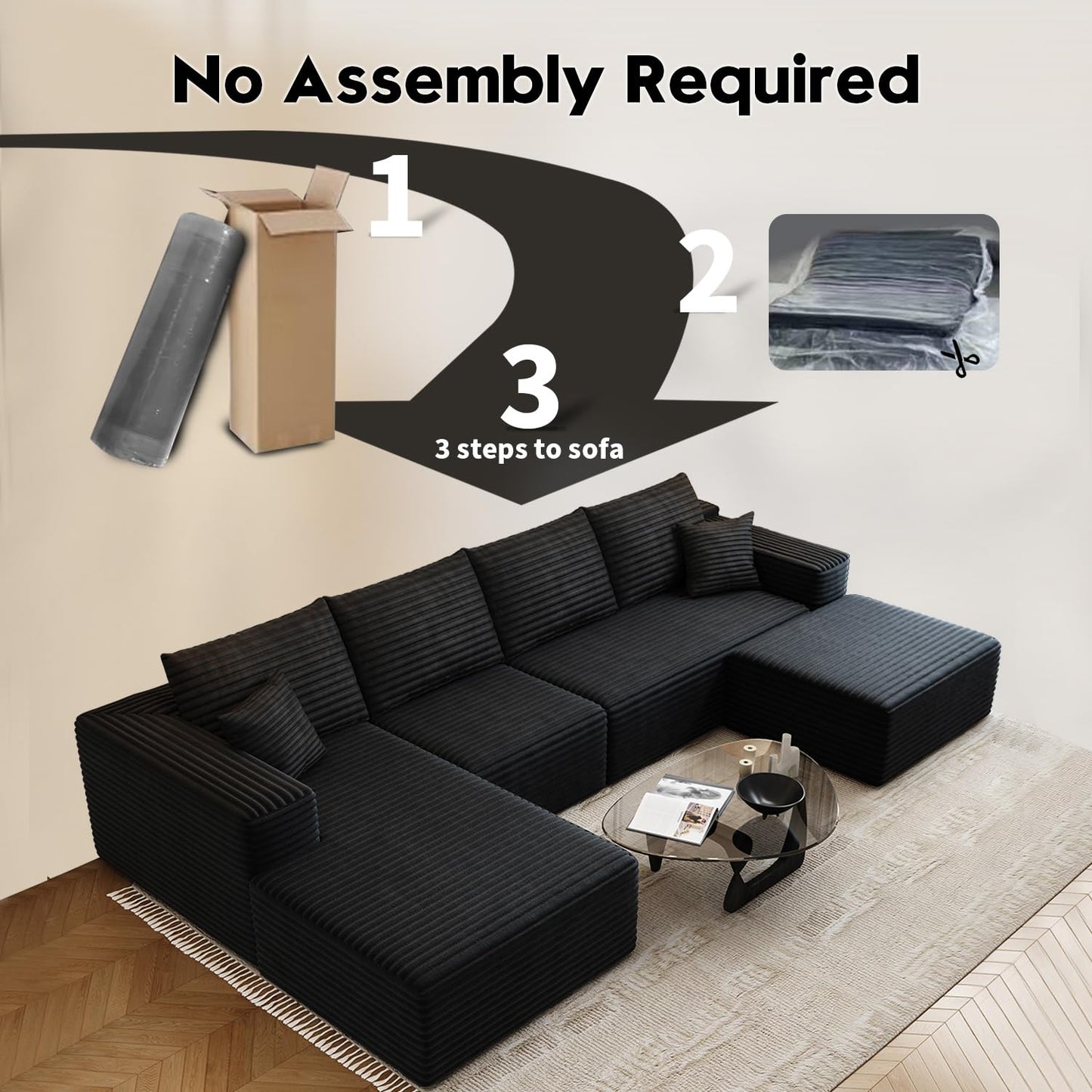 107.5" Cloud Modular Sectional Sofa with 1 Ottoman,Modern Minimalist Upholstered Couches, Comfort U Shaped Sofa for Living Room,Deep Seat Corner Couch,No Assembly Required (Black,Left Facing Chaise)