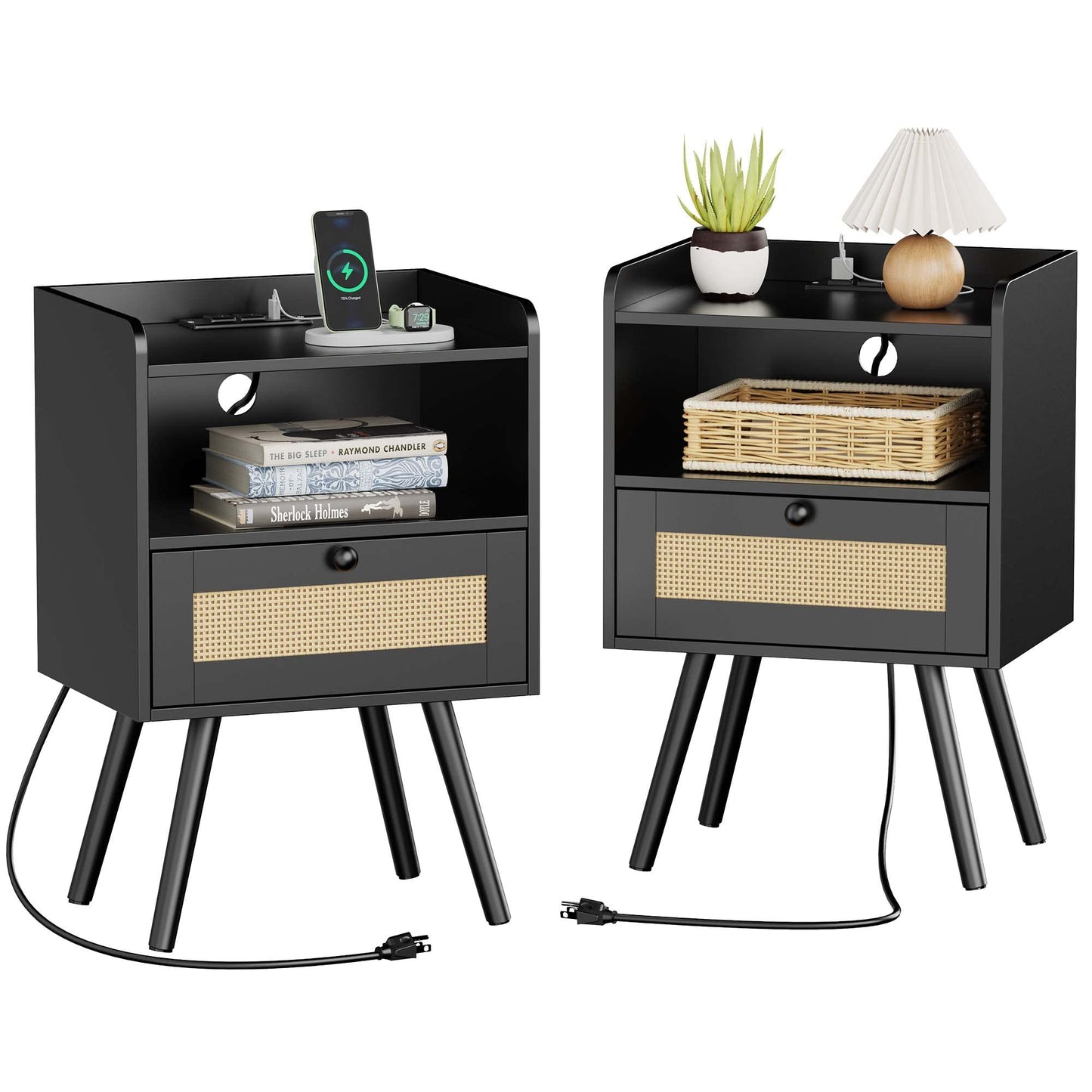 SUPERJARE Nightstands Set of 2, Night Stands with Charging Station & PE Rattan Decor Drawer, Bed Side Tables with Solid Wood Feet, End Table, for Bedroom, Living Room - Natural