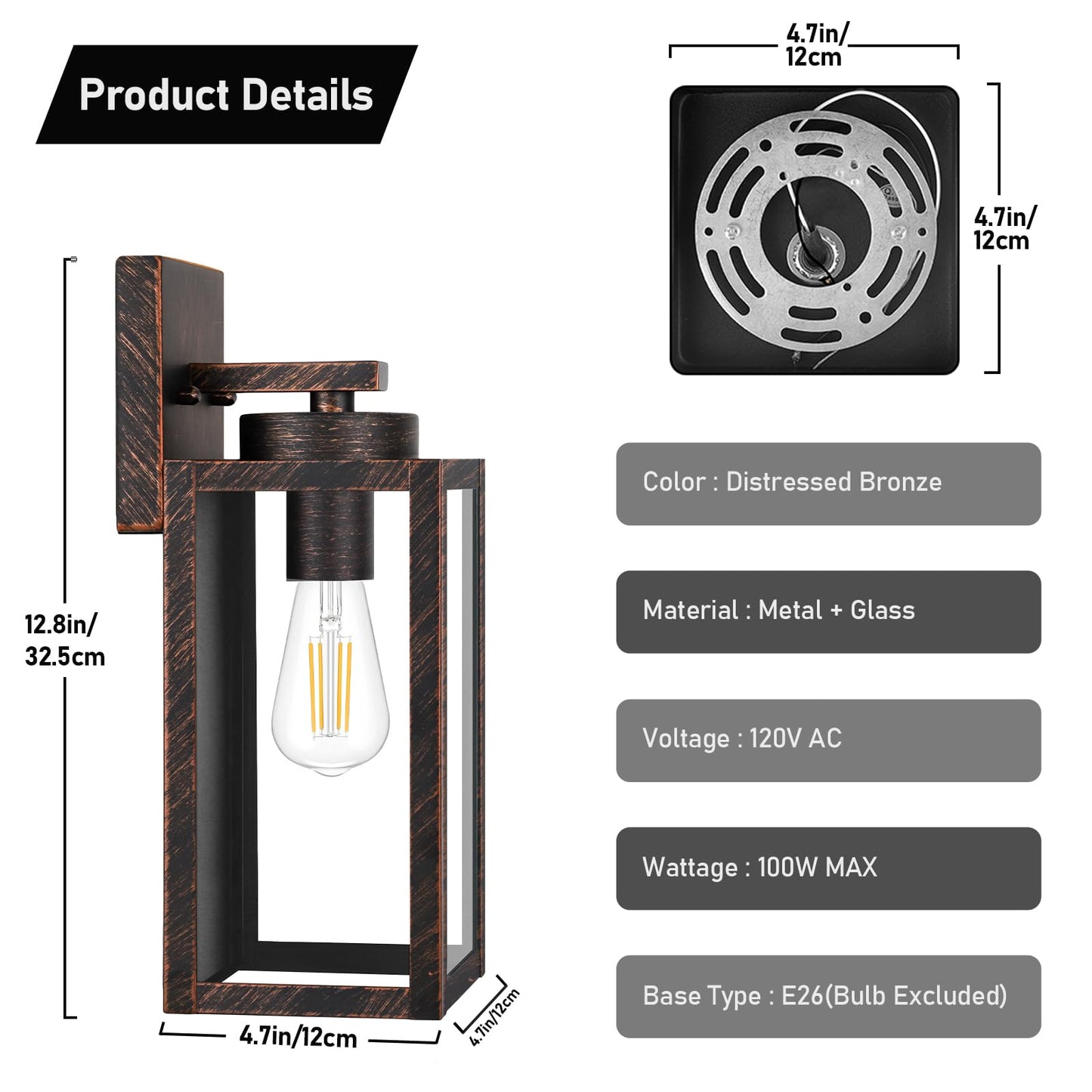 Outdoor Wall Light Fixtures, Exterior Waterproof Wall Lanterns, Porch Sconces Lighting with E26 Sockets & Glass Shades, Modern Matte Black Outside Lights for Patio Front Door Entryway Garage, 2-Pack