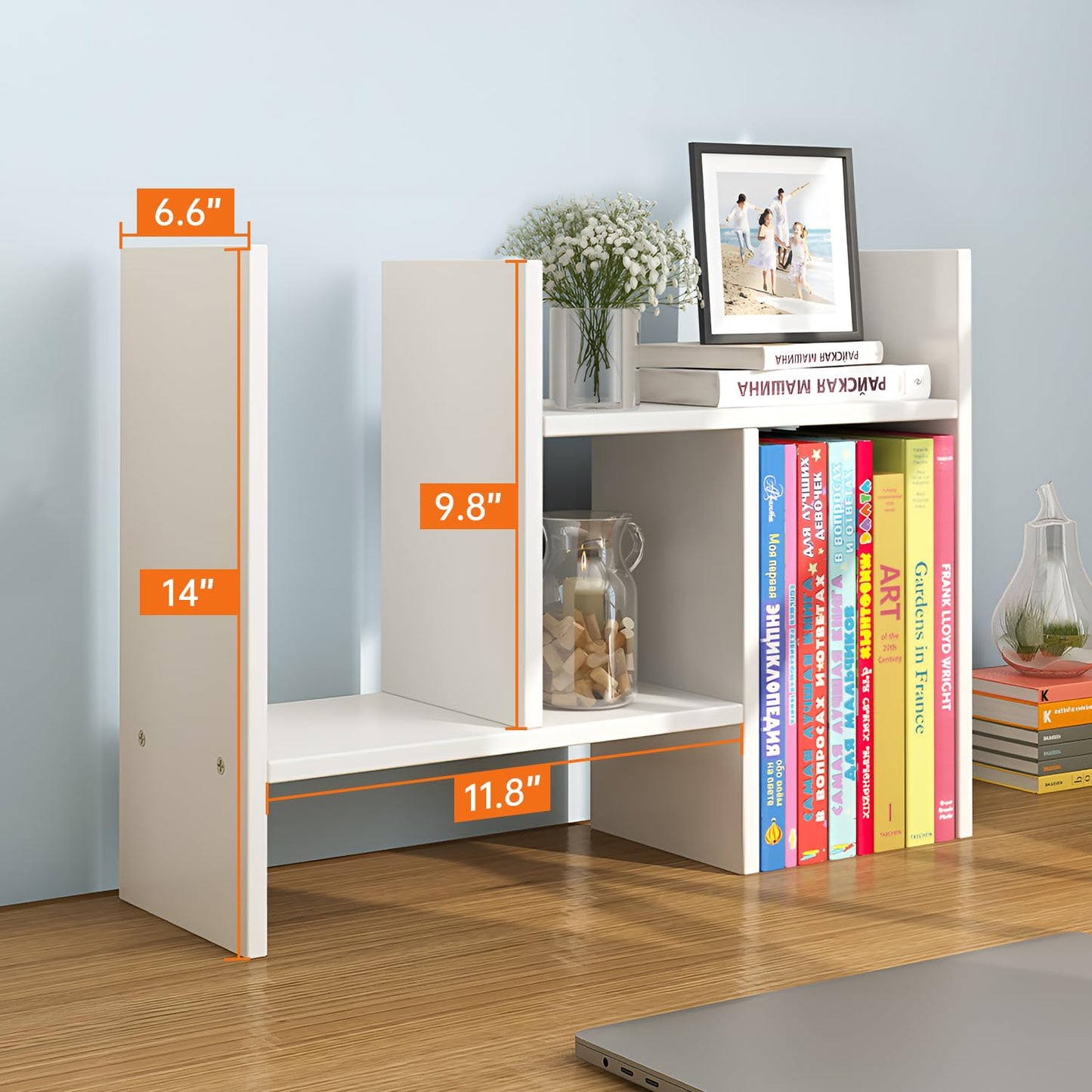 YSJILIDE Wood Adjustable Small Desktop Bookshelf, Expandable Storage Organizer