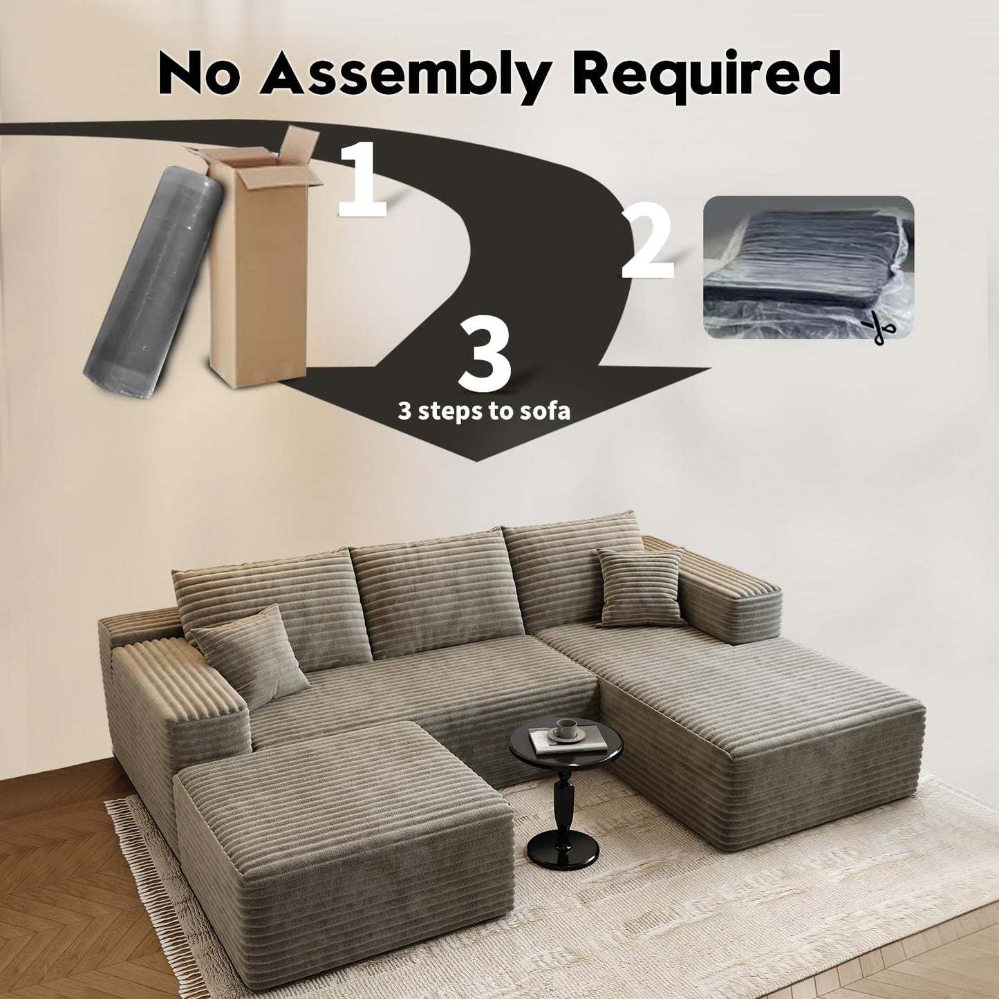107.5" Cloud Modular Sectional Sofa with 1 Ottoman,Modern Minimalist Upholstered Couches, Comfort U Shaped Sofa for Living Room,Deep Seat Corner Couch,No Assembly Required (Black,Left Facing Chaise)
