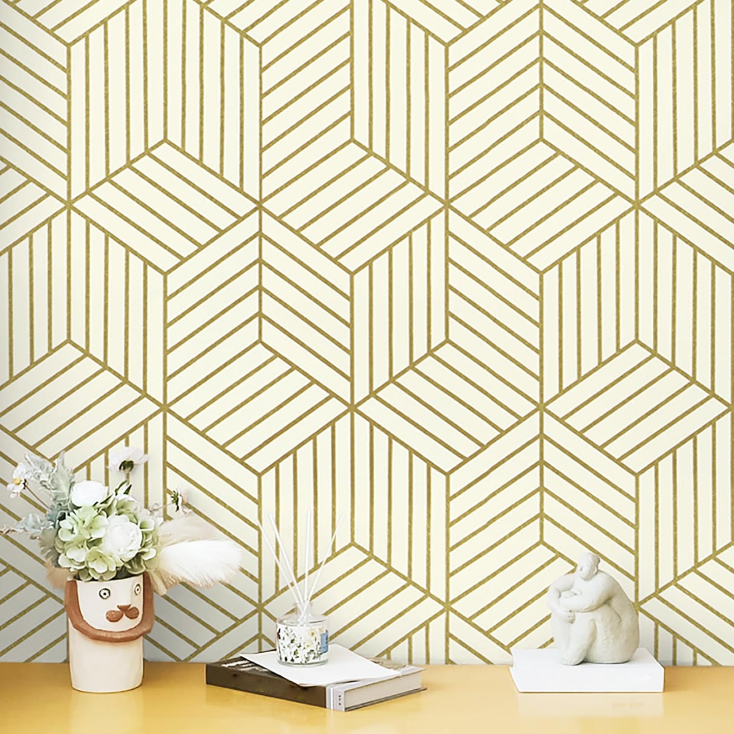 CiCiwind Peel and Stick Wallpaper Boho Wall Paper Modern White and Gold Geometric Contact Paper for Cabinets Removable Self Adhesive Bathroom Wallpaper for Bedroom Papel Tapiz para Pared 15.7"x78.7"