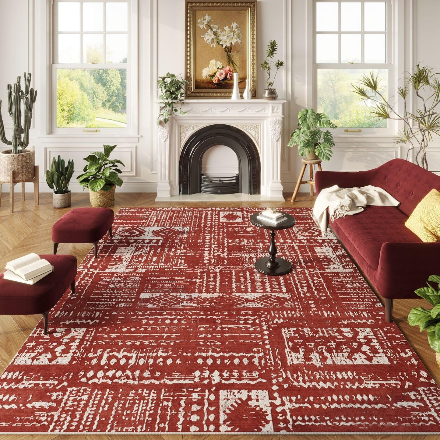 Washable Rug Boho Soft Abstract Pattern Non-Slip Area Rug 5x7 Non-Shedding Faux Wool Vintage