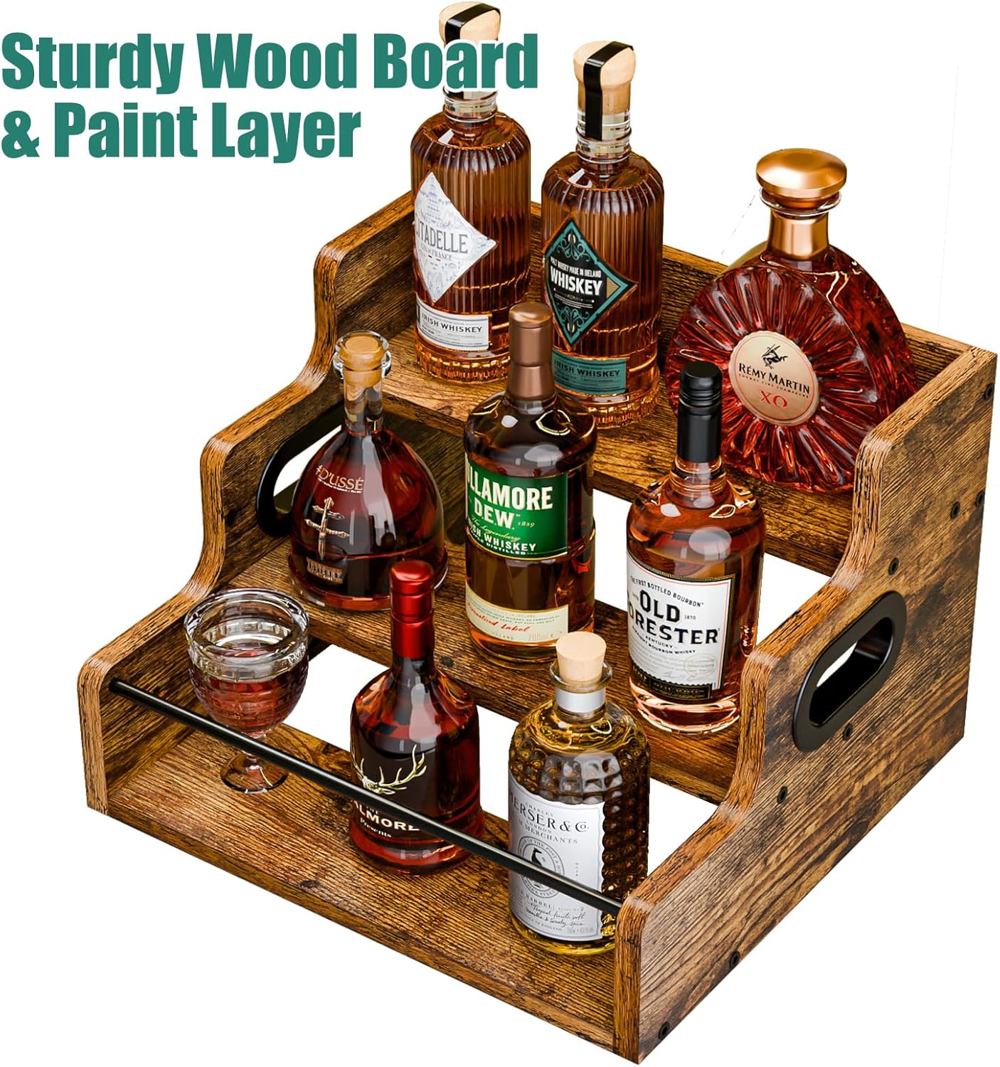 KLM Liquor Bottle Display Shelf, Coffee Syrup Rack Organizer, 3 Step Countertop Wine Rack, Mini Bar