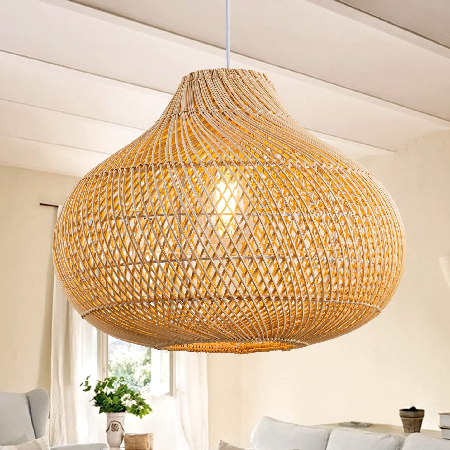 Rattan Pendant Lights, Large Wicker Chandelier Hand-Woven Boho Pendant Light Rattan Basket Hanging Light