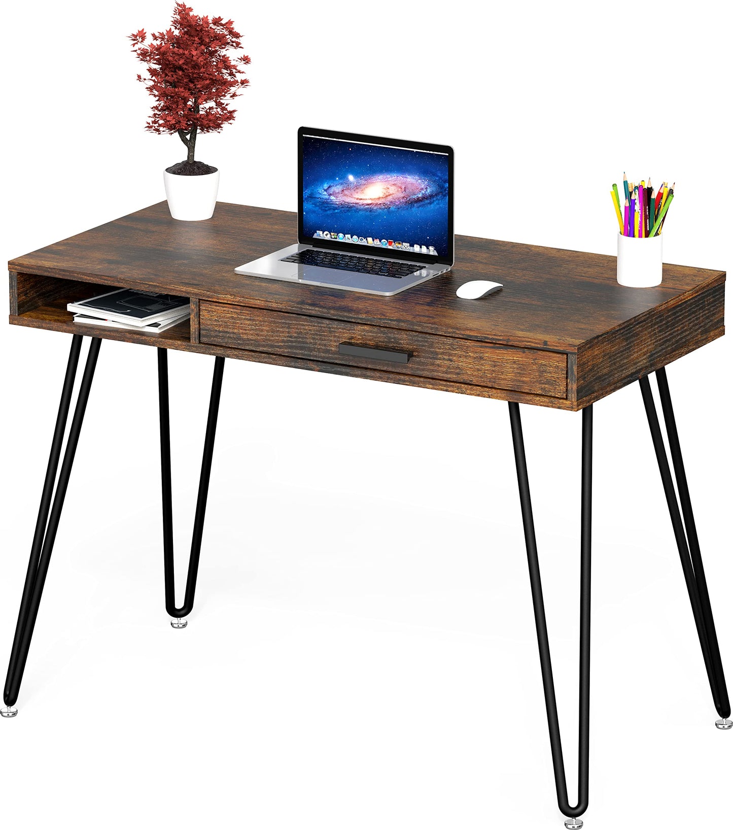 SHW Home Office Computer Hairpin Leg Desk with Drawer, Rustic Brown
