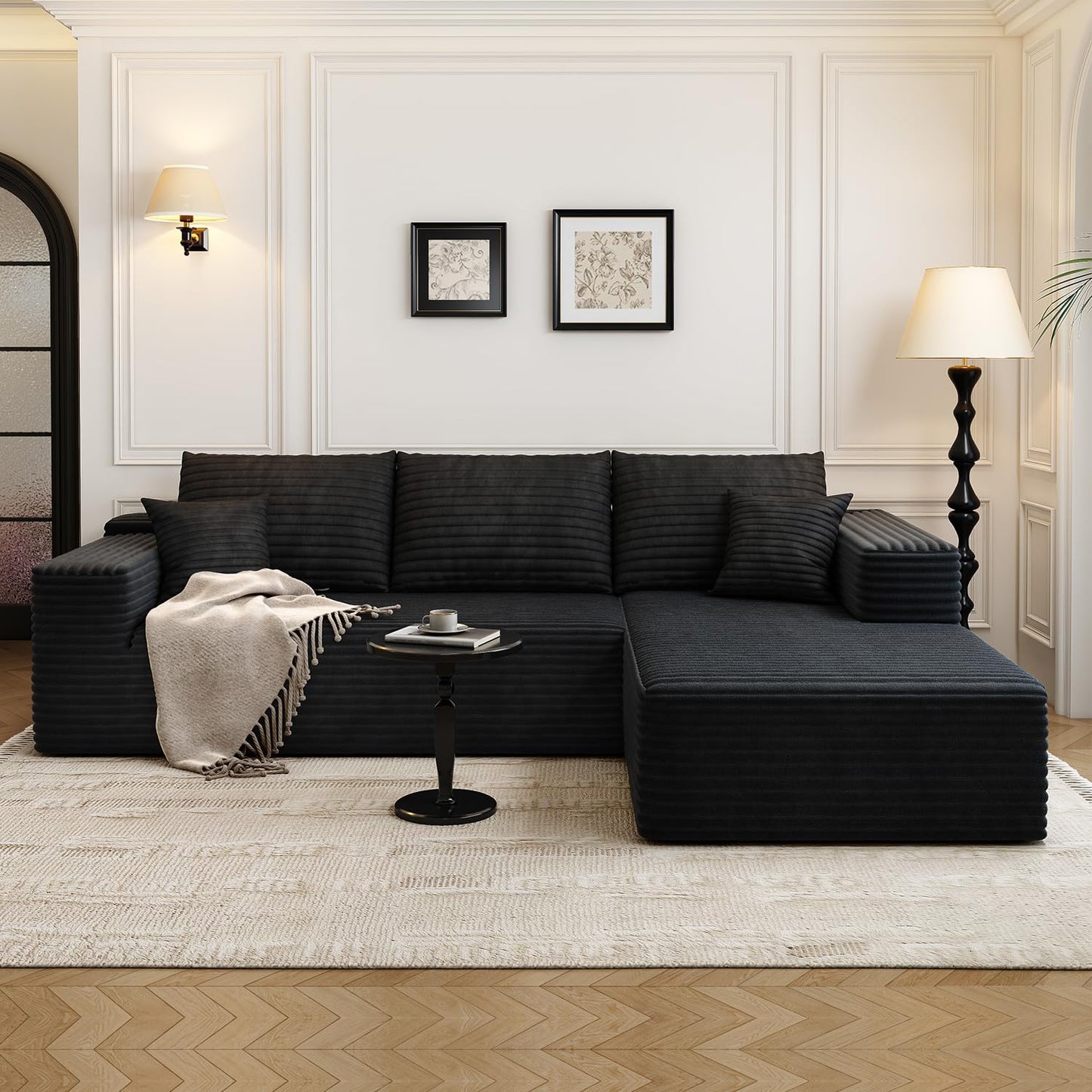 107.5" Cloud Modular Sectional Sofa with 1 Ottoman,Modern Minimalist Upholstered Couches, Comfort U Shaped Sofa for Living Room,Deep Seat Corner Couch,No Assembly Required (Black,Left Facing Chaise)