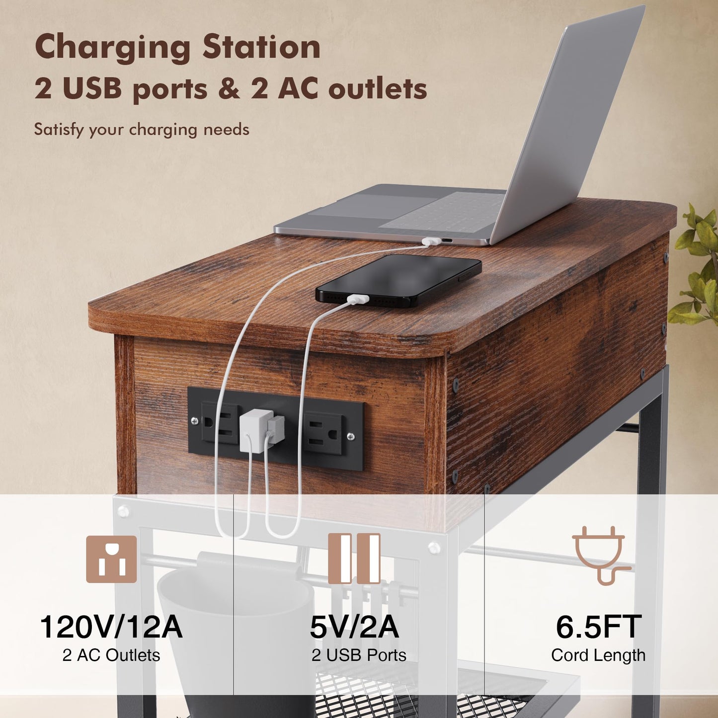 Colima Lift Top End Table with Charging Station and Wheels, Sofa Side Table with USB port
