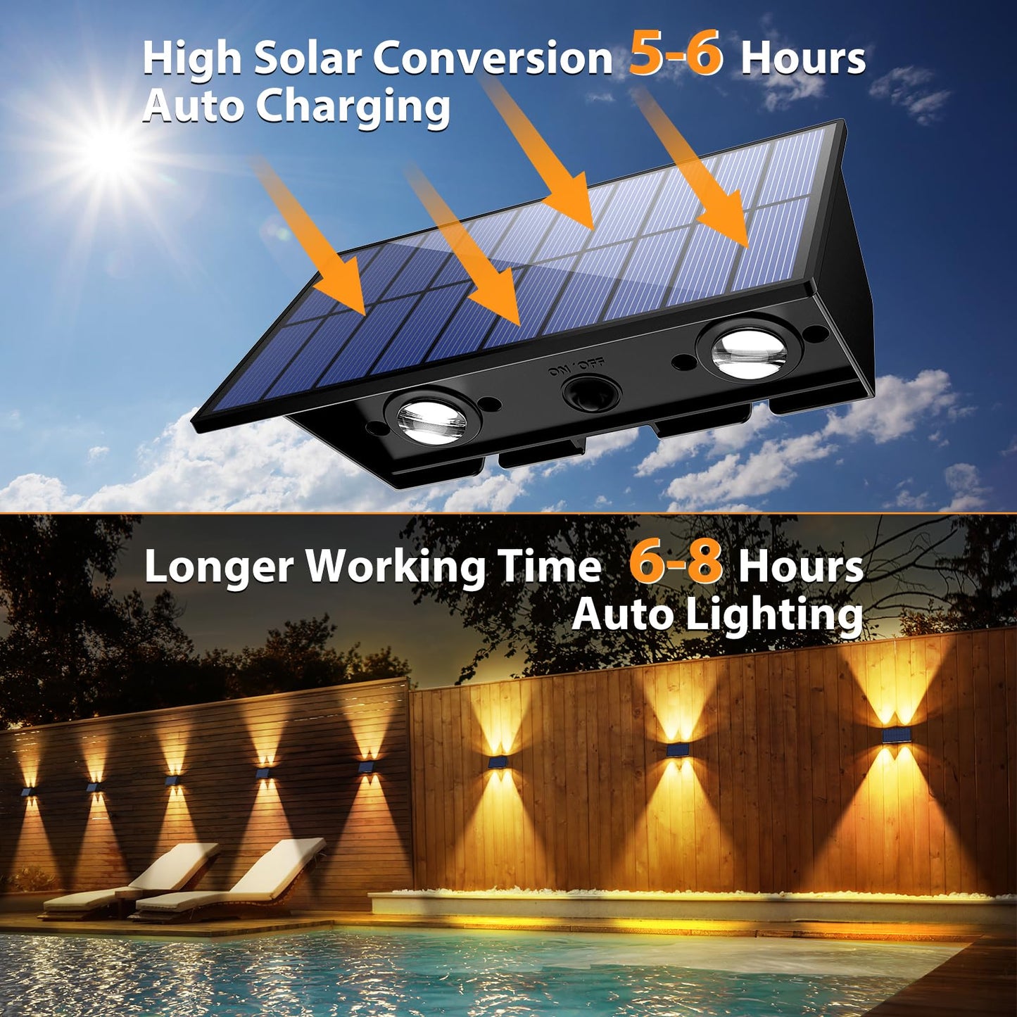 Solar Fence Lights,6Pack Solar Lights Outdoor Warm White + RGB Up & Down Waterproof 100 Lumens Dusk to Dawn Large Solar Wall Lights for Backyard/Pool/Railing/Patio/Porch/Step/Wall